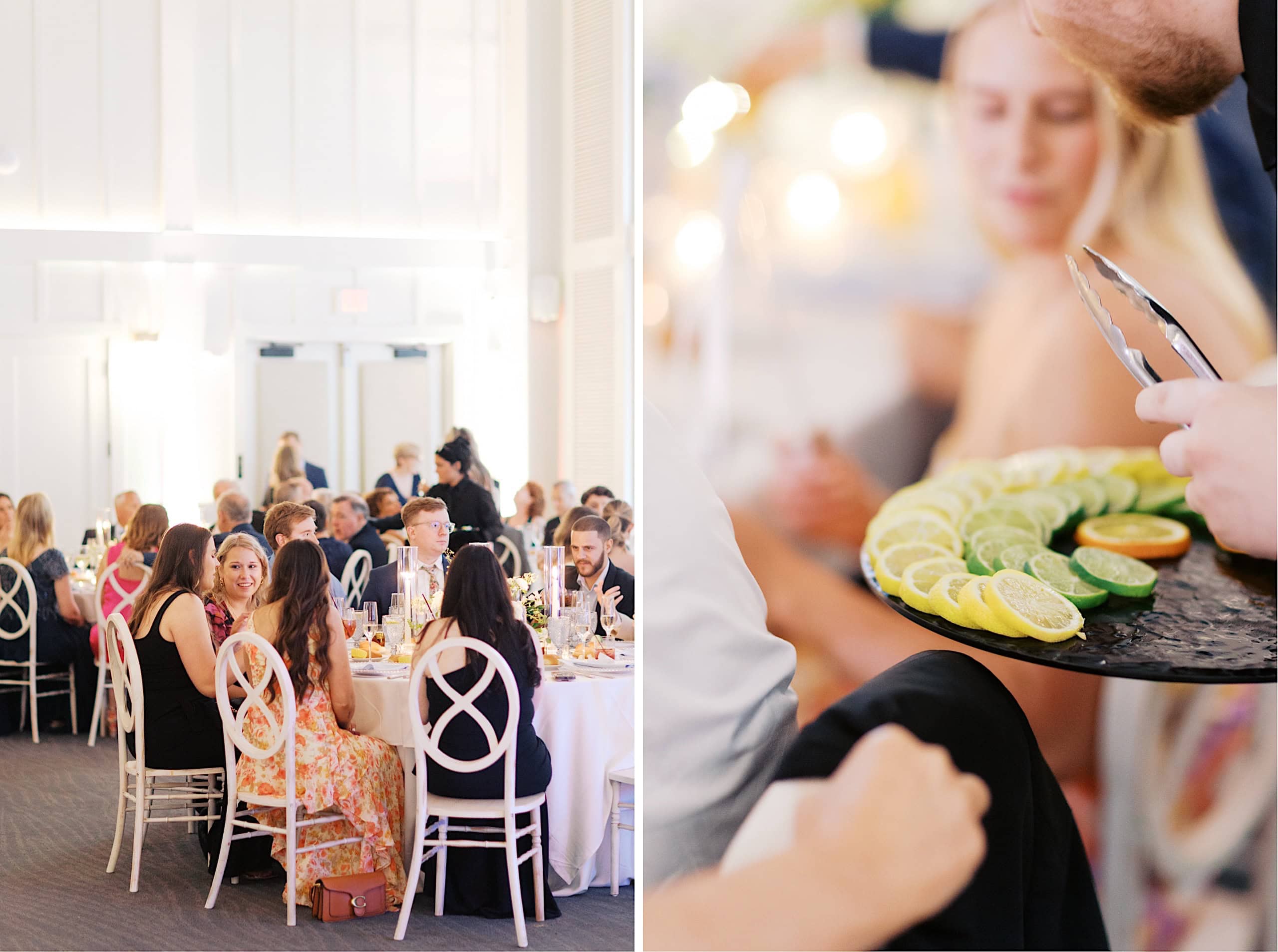 Guests seated at round tables during The Ivy at Ellis Preserve spring wedding; a server presents a tray of sliced lemons and limes with tongs in the foreground.