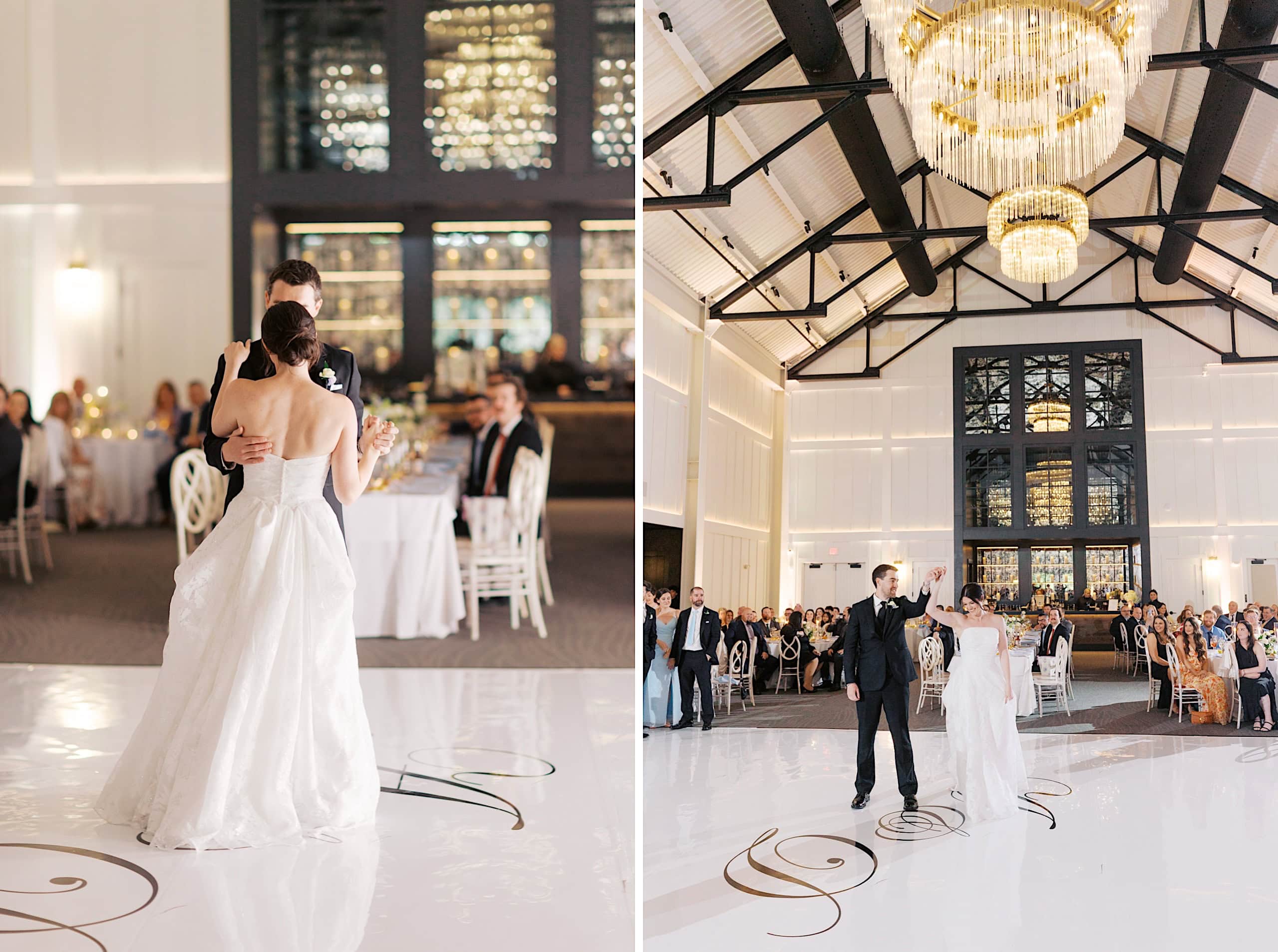 A bride and groom share their first dance in a spacious, elegant ballroom at The Ivy at Ellis Preserve spring wedding, with high ceilings, chandeliers, and guests seated at round tables.