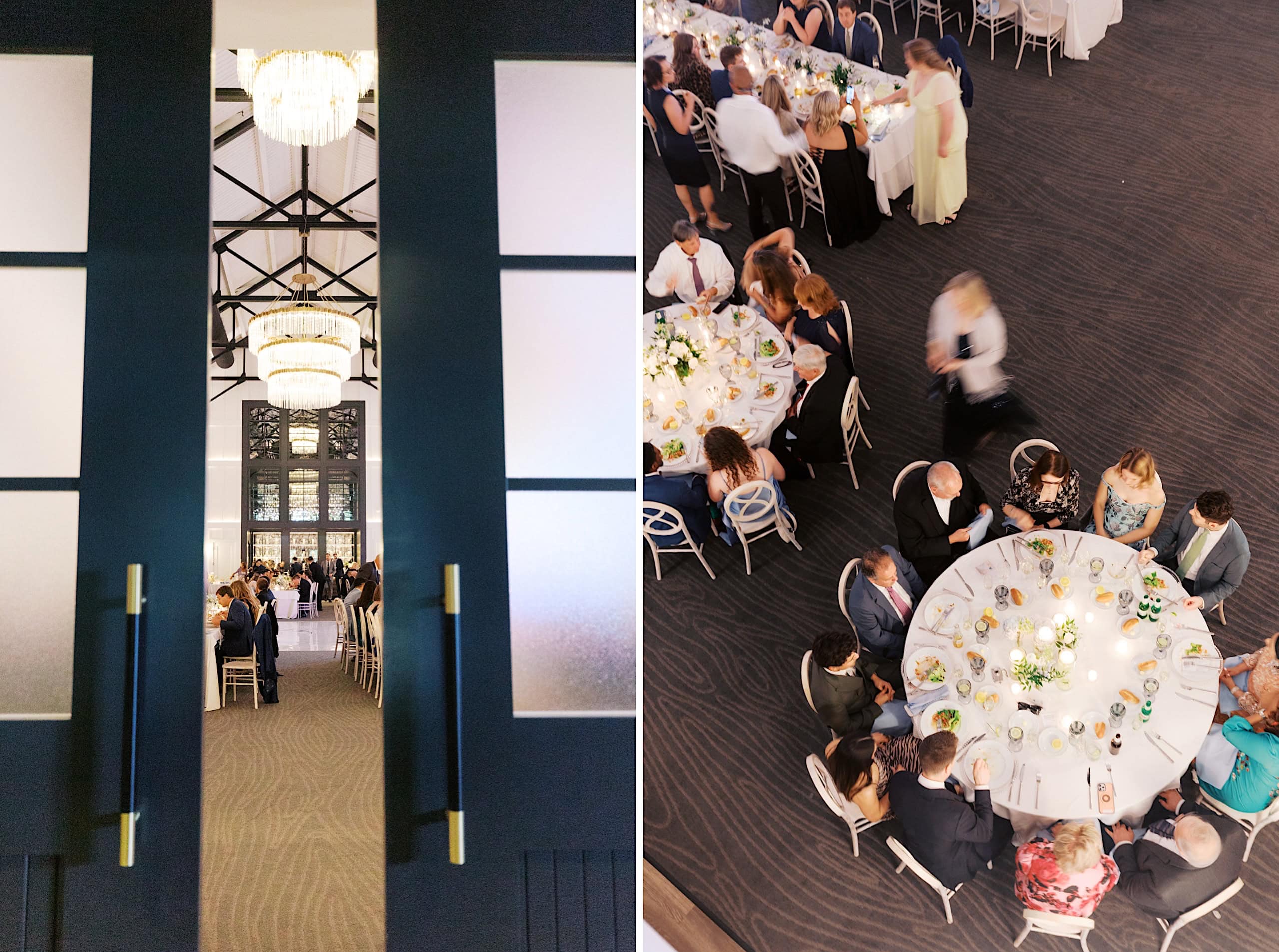 Double image: Left, doors open to a formal event with seated guests; right, overhead view of round tables with people dining in a well-lit venue at The Ivy at Ellis Preserve spring wedding.