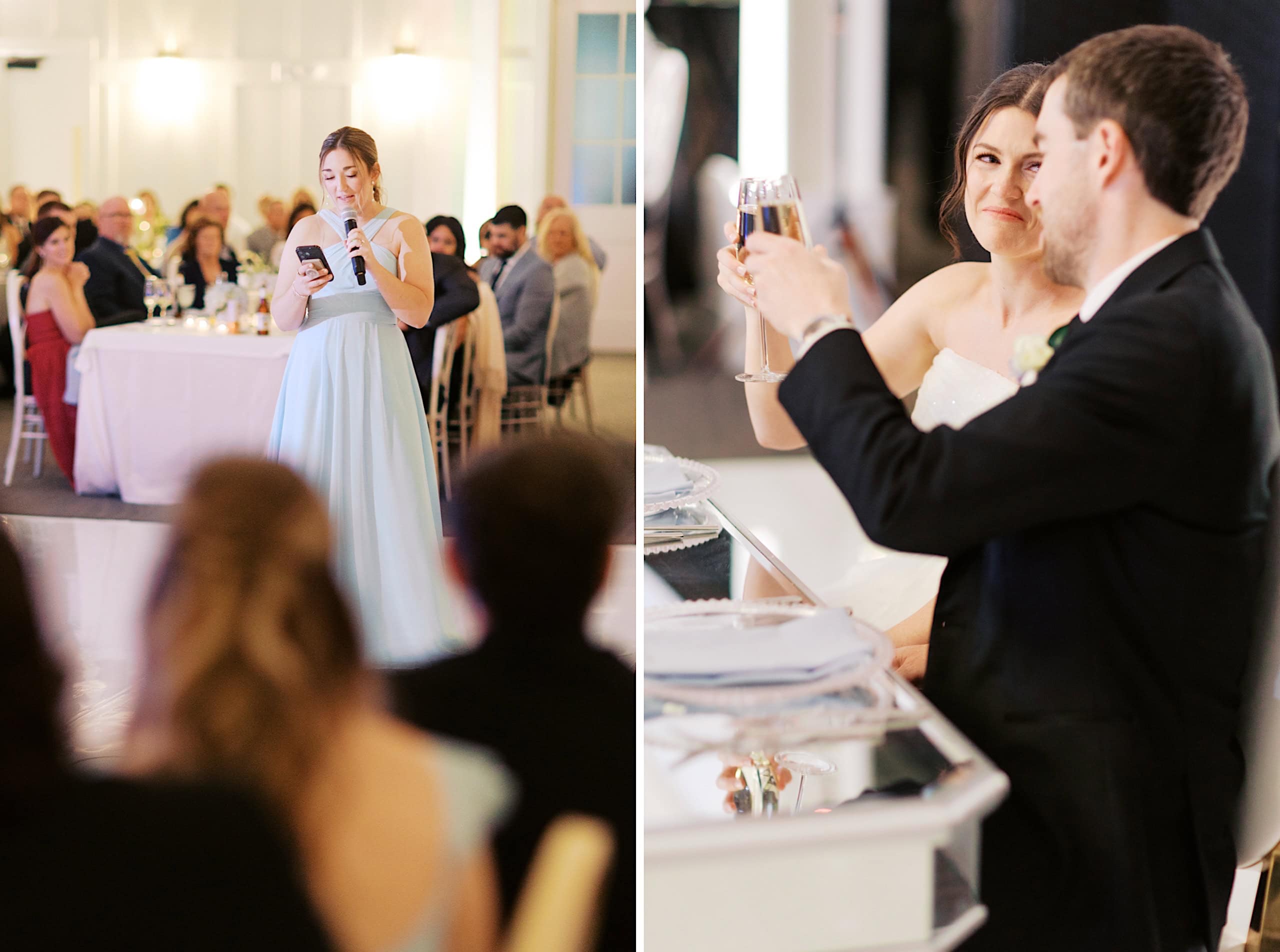 At a The Ivy at Ellis Preserve spring wedding, a woman in a light blue dress gives a speech at the reception; the bride and groom sit together, raising glasses for a toast.