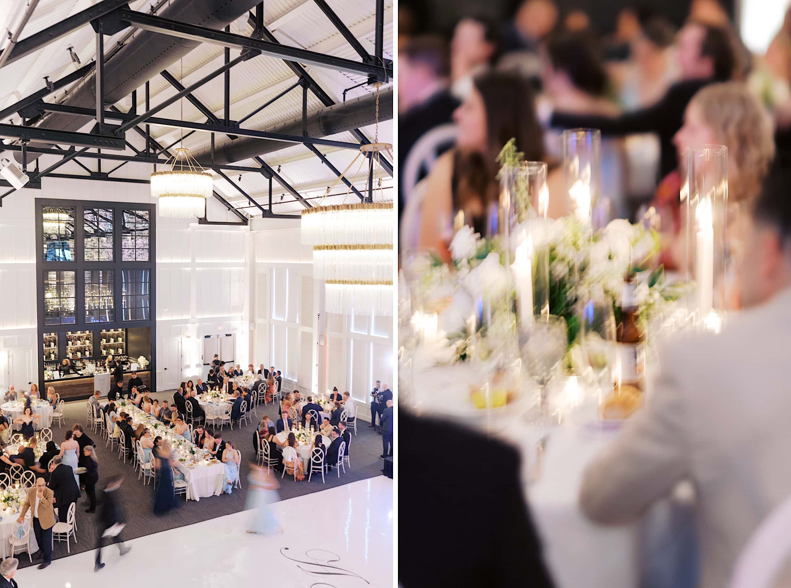 A spacious, elegant event hall at The Ivy at Ellis Preserve with chandeliers and seated guests on the left; close-up of a decorated, candle-lit table on the right captures the charm of a spring wedding.