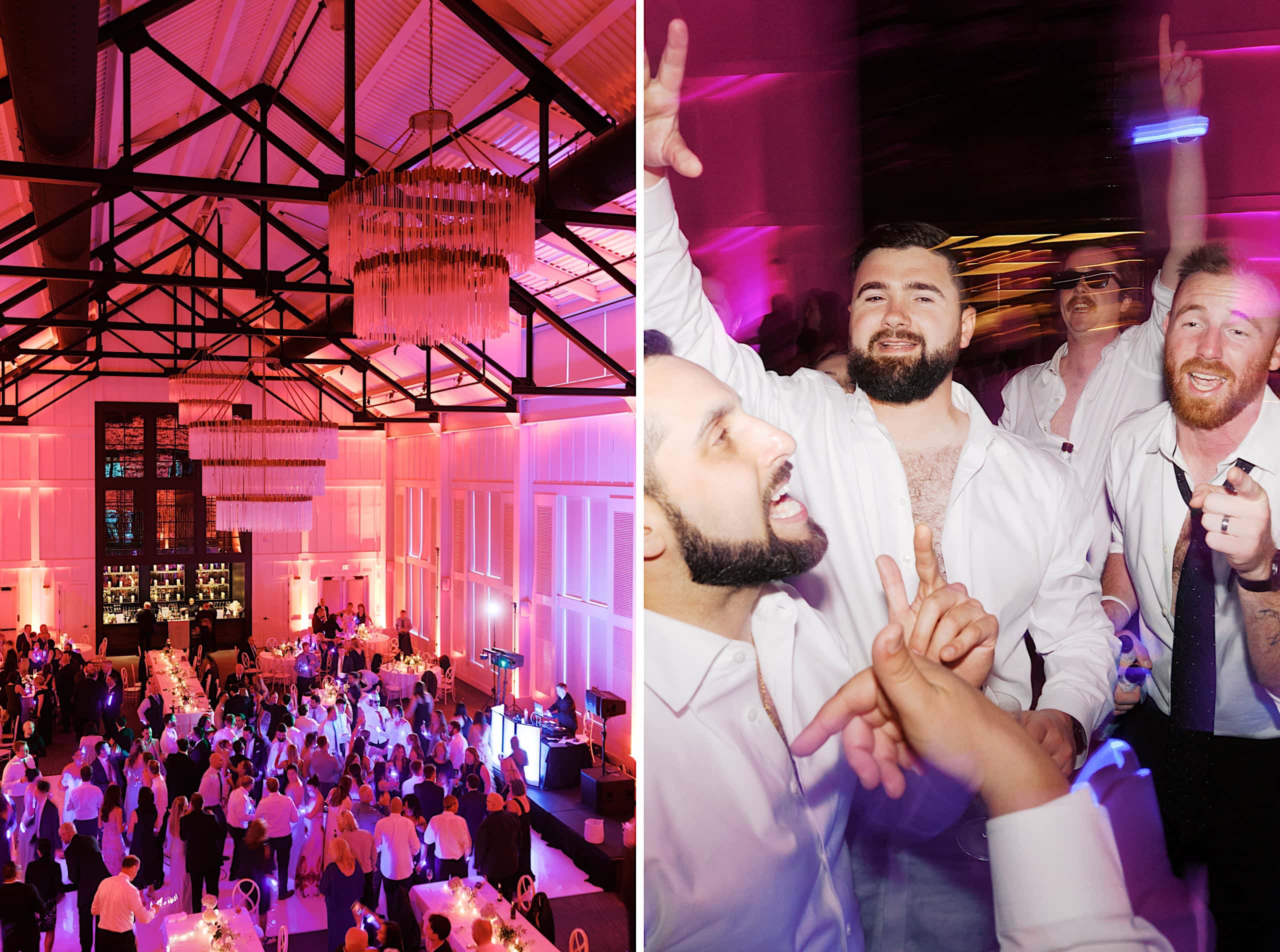 A split image: on the left, a large indoor event with pink lighting and a crowd; on the right, men in white shirts dance and celebrate at The Ivy at Ellis Preserve spring wedding.