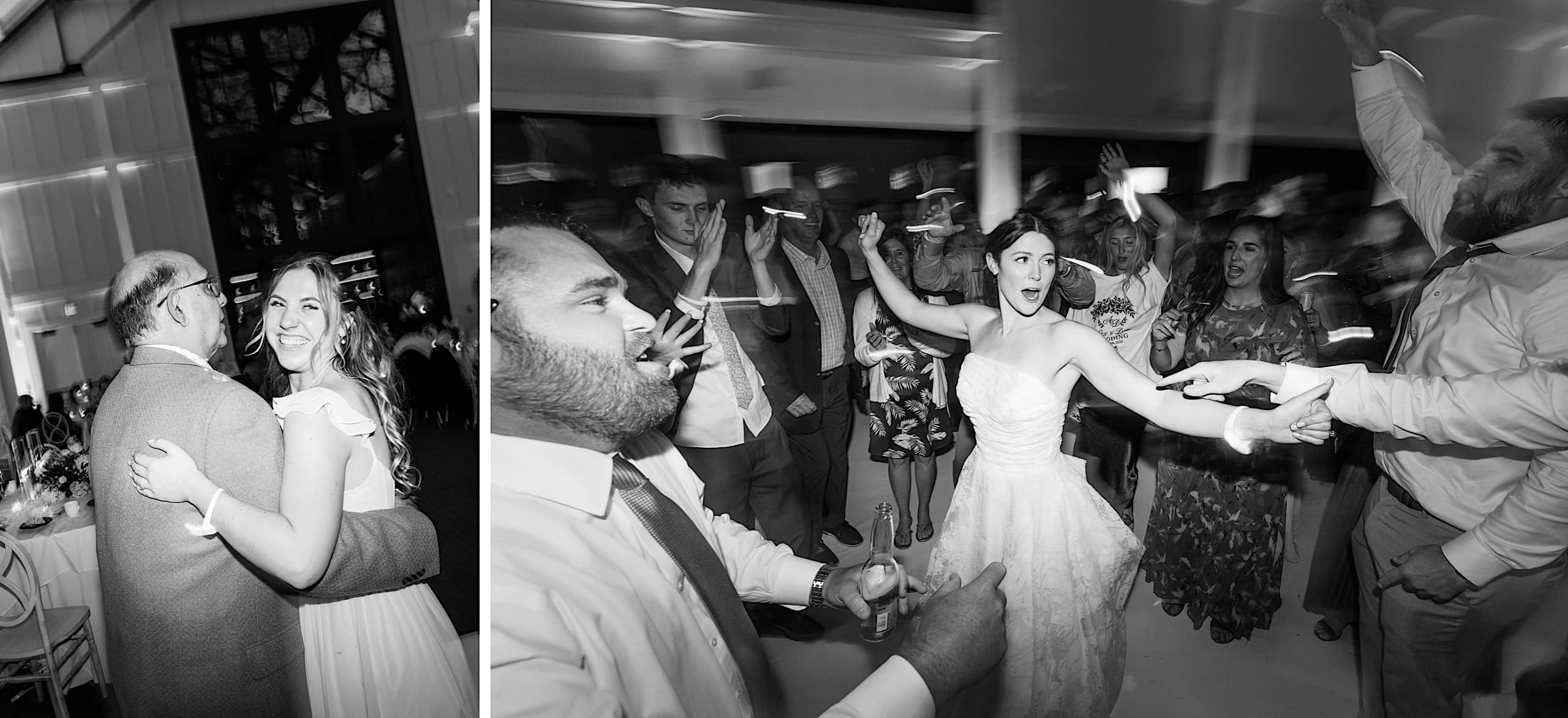 Left: A couple dances and smiles. Right: At The Ivy at Ellis Preserve spring wedding, a bride dances in a lively crowd, arms raised, with guests around her in a bright, indoor venue.