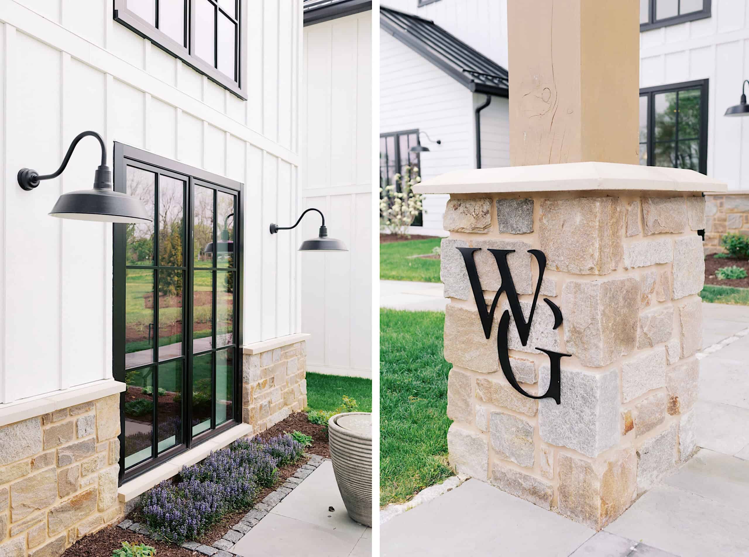 Split image: Left shows a modern house exterior with large windows and a wall-mounted black light. Right displays a stone pillar featuring the metal letters "WG," evoking the elegance of a Westwynd Gardens Spring Wedding.