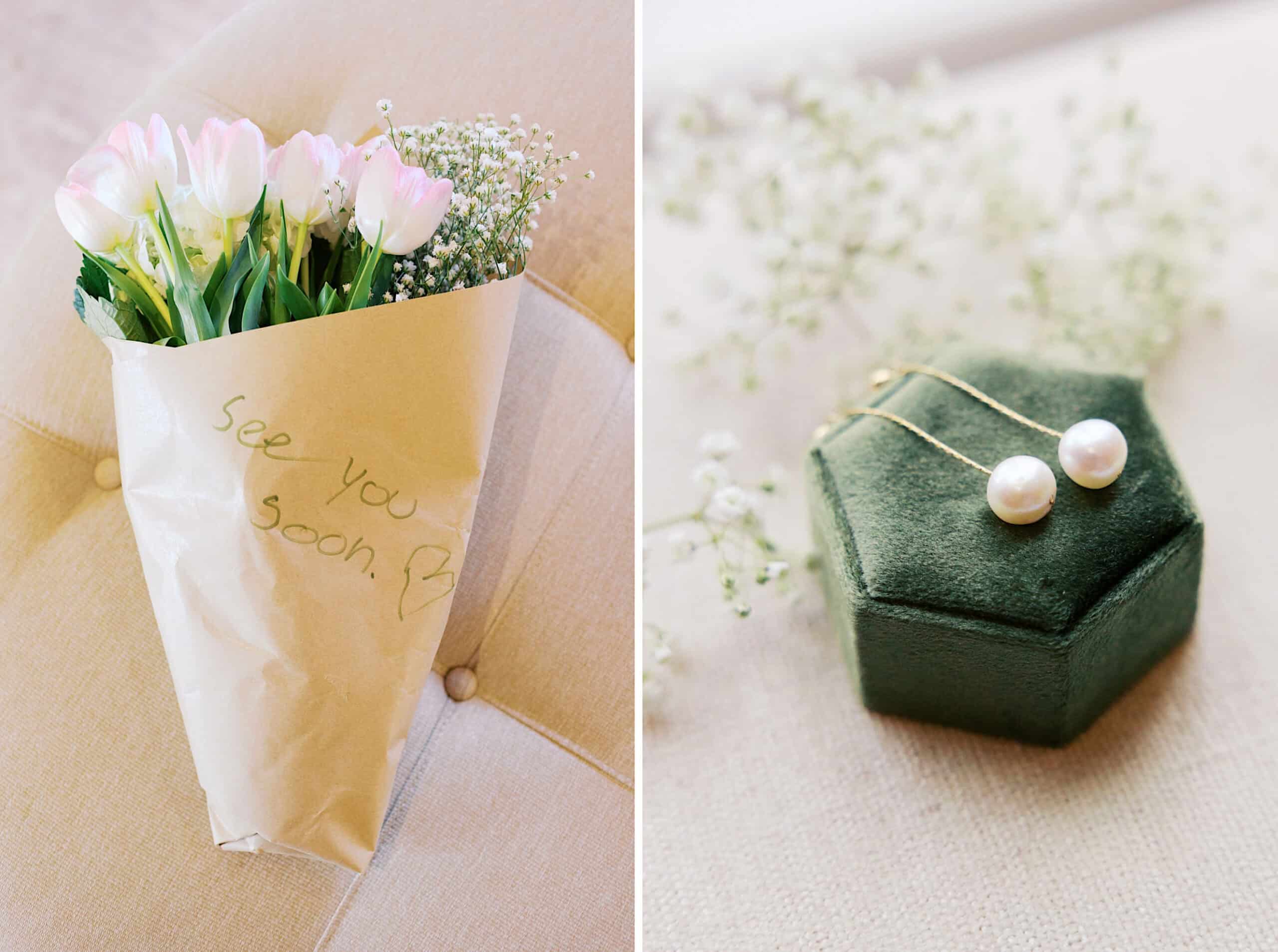 A bouquet of pink tulips with a note reading "See you soon," and a pair of pearl earrings on a green hexagonal box, with baby's breath flowers in the background—perfect for a Westwynd Gardens Spring Wedding.