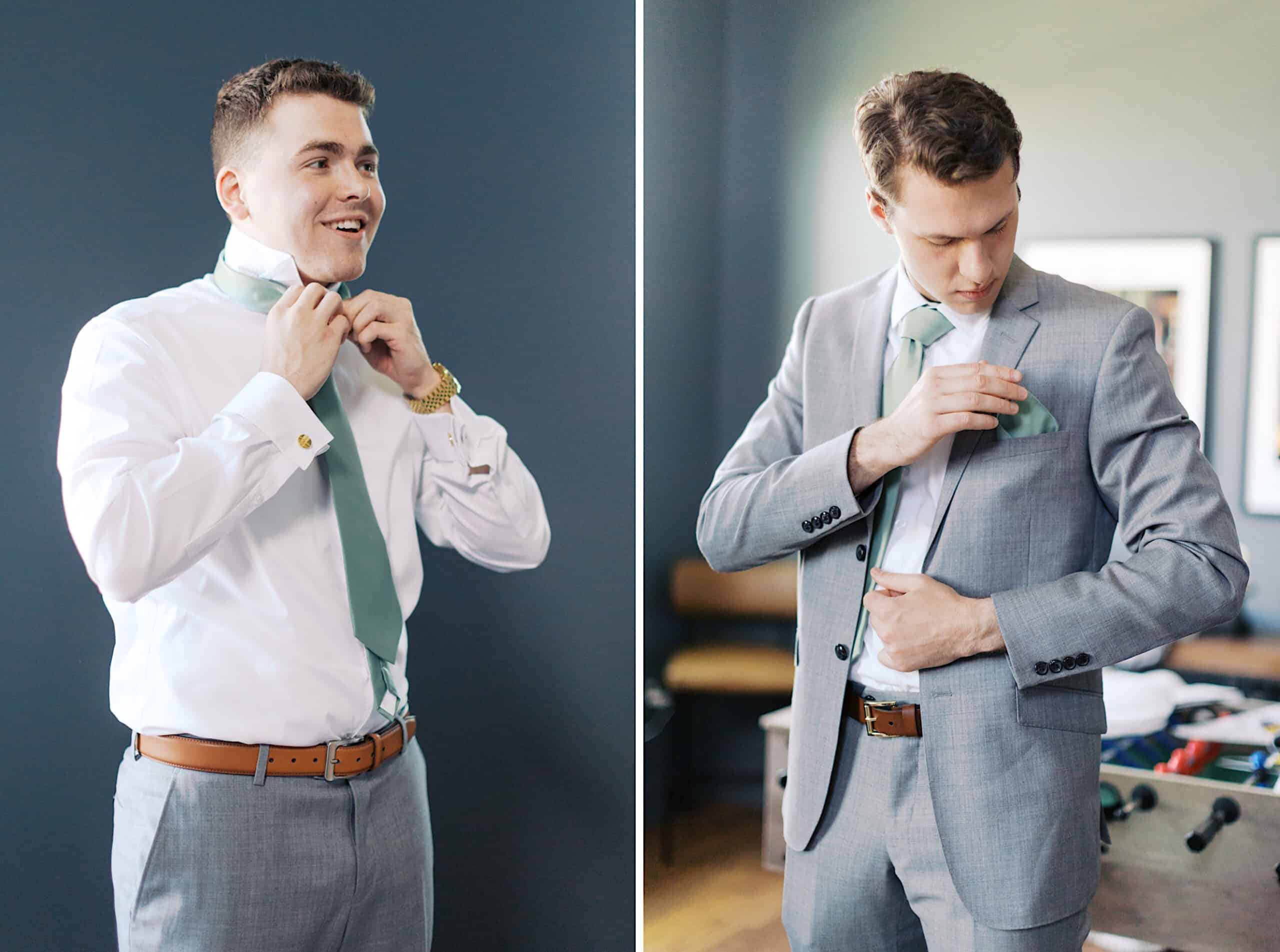 Two men in light gray suits; one adjusts his tie while smiling, the other straightens a pocket square. Both appear to be getting dressed for a formal event at a Westwynd Gardens Spring Wedding.