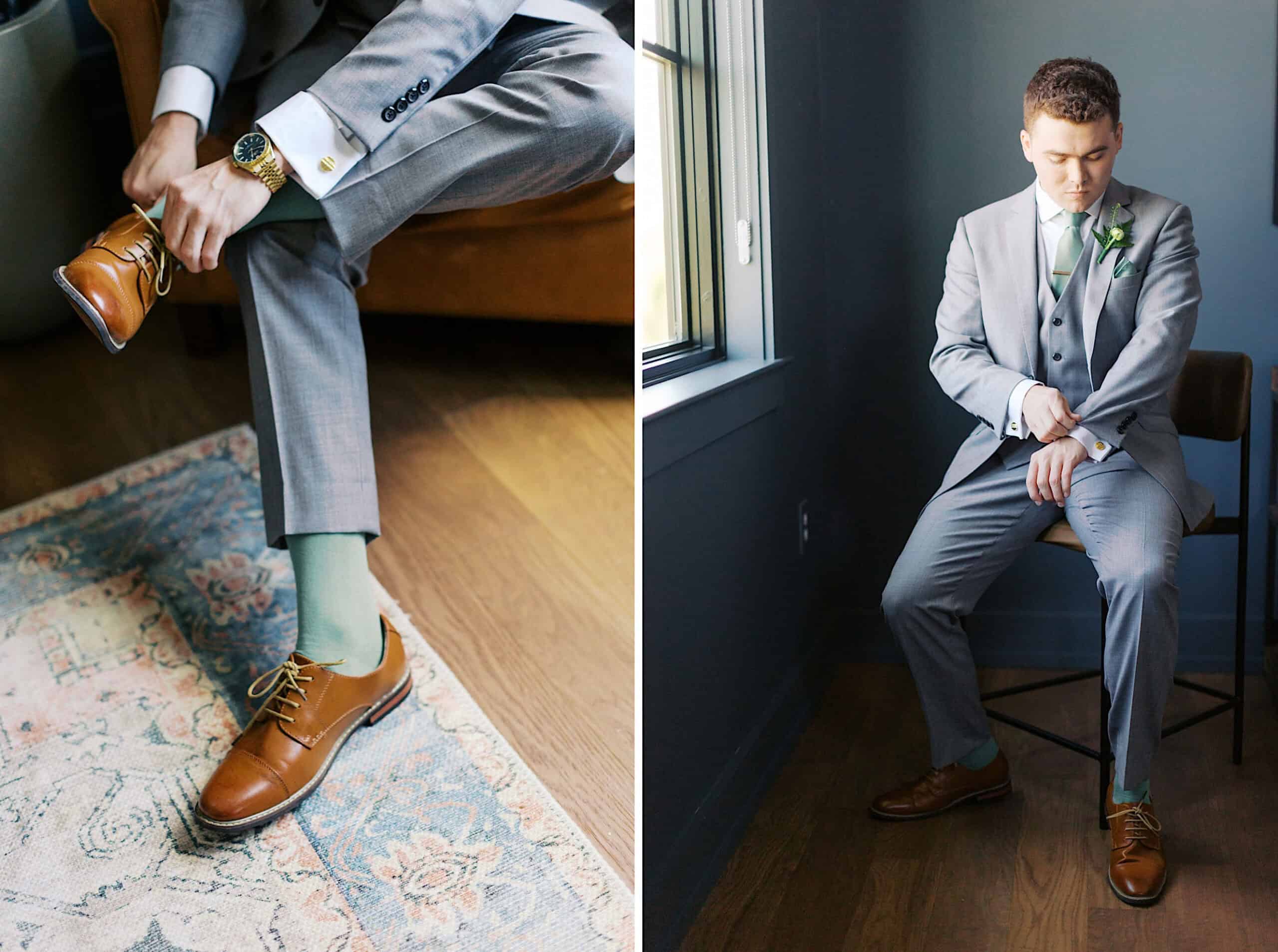 A man in a gray suit and brown shoes adjusts his watch and cufflink in a room with wooden floors and blue walls, preparing for a Westwynd Gardens Spring Wedding.