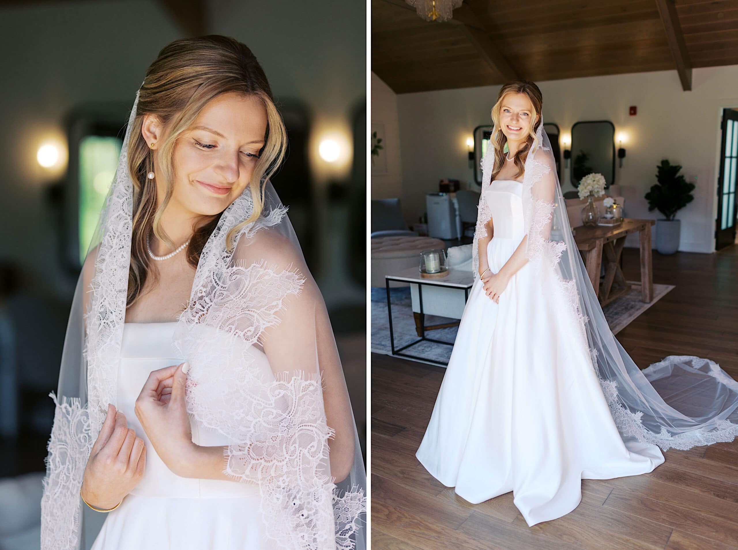 A bride in a white wedding gown with a lace veil poses indoors, smiling softly in one photo and standing in a bright room at her Westwynd Gardens Spring Wedding in the other.
