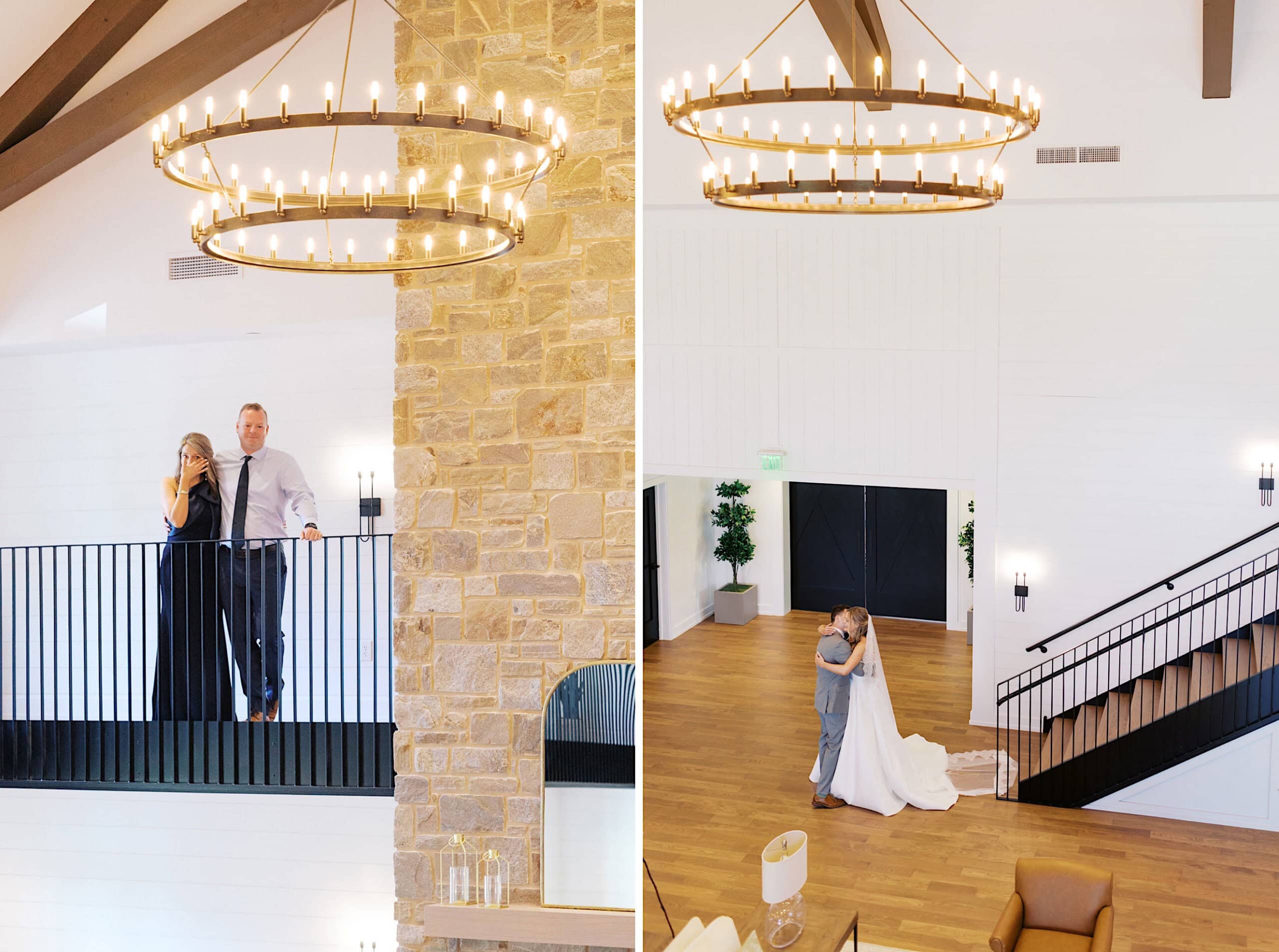 A split image from a Westwynd Gardens Spring Wedding shows a couple on a balcony admiring a grand chandelier on the left, and the same couple embracing on the wooden floor below on the right.