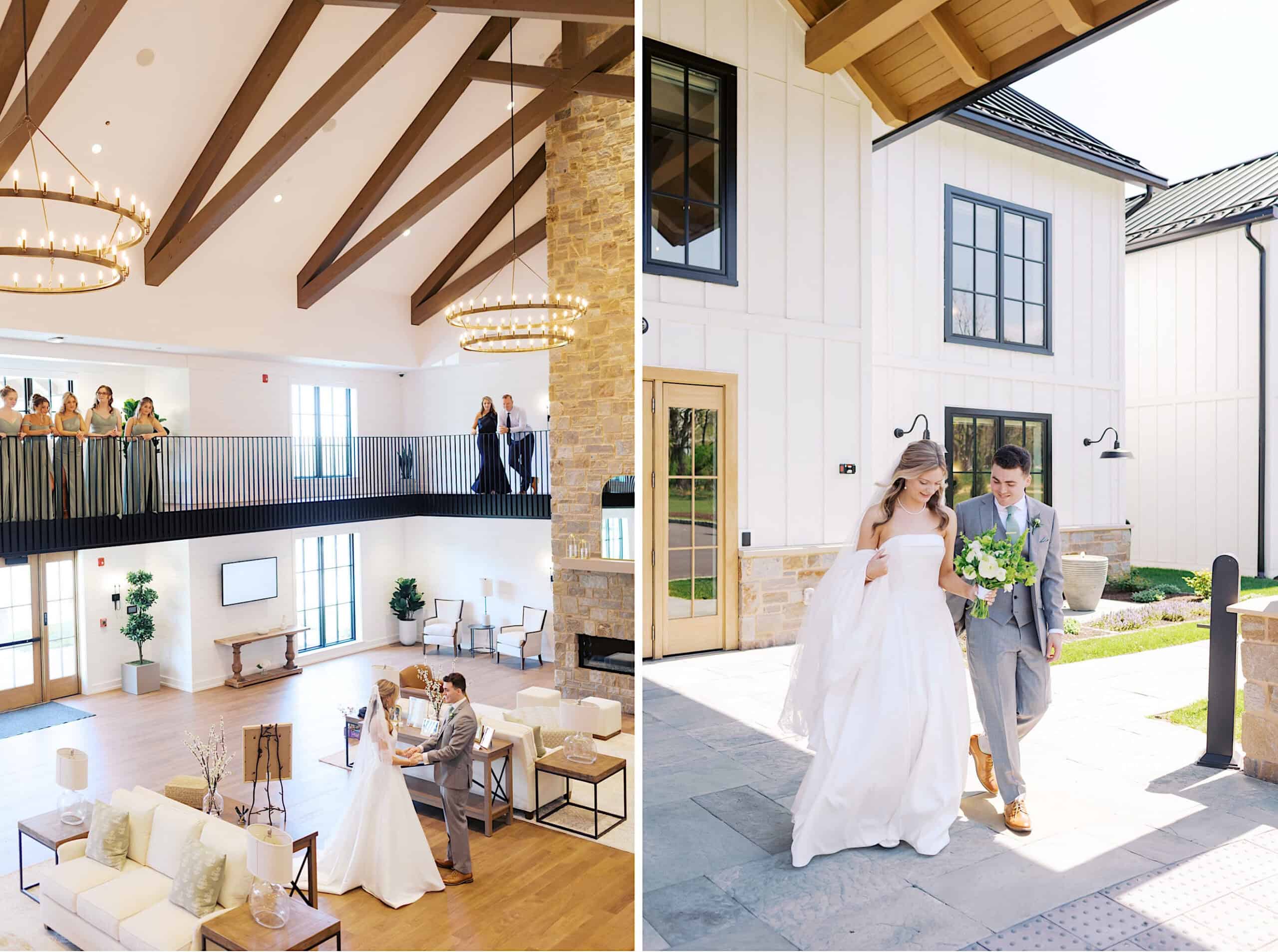 A bride and groom walk outside a modern farmhouse venue at their Westwynd Gardens Spring Wedding; indoors, wedding guests observe the couple from a balcony as they sign documents in a spacious, bright room.