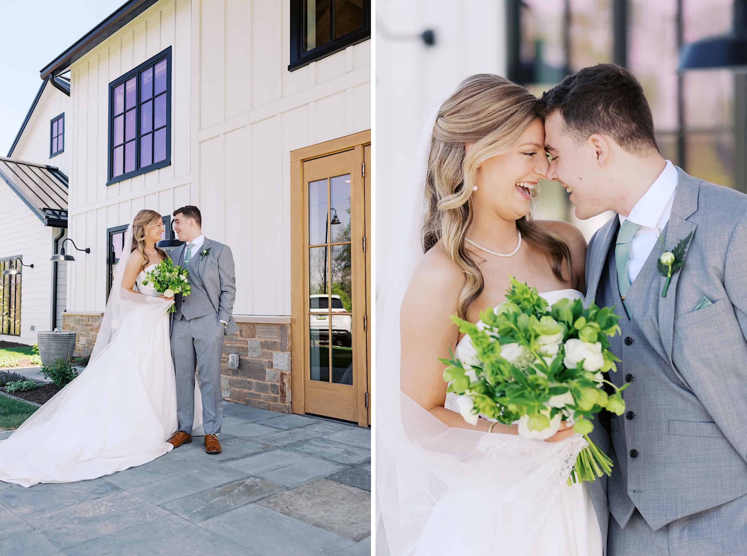 A bride and groom stand together outside a modern building at their Westwynd Gardens Spring Wedding, smiling and holding a bouquet of green and white flowers.