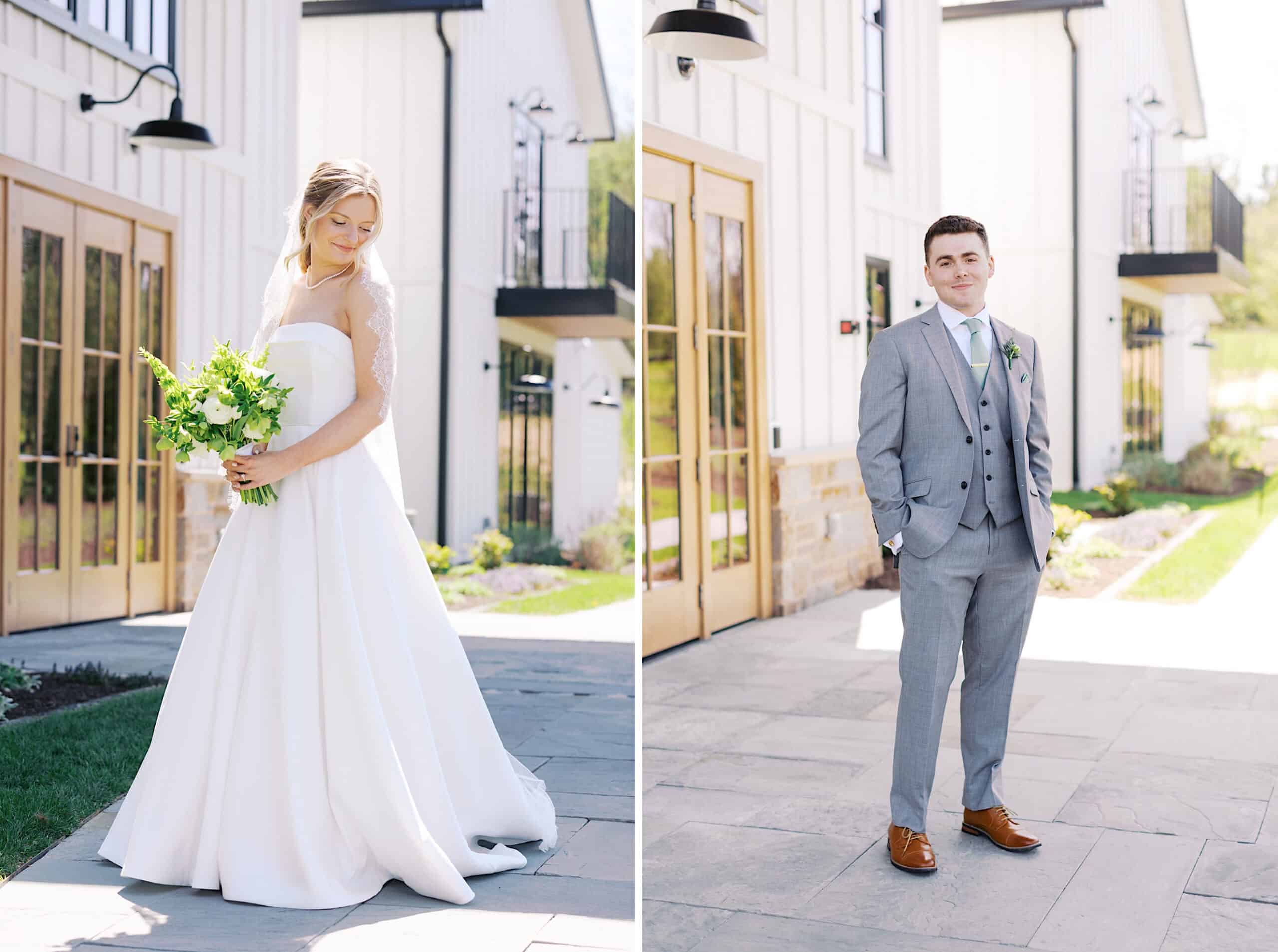 Split image of a bride in a white dress holding a bouquet and a groom in a grey suit with brown shoes, both standing outside Westwynd Gardens during their elegant spring wedding.