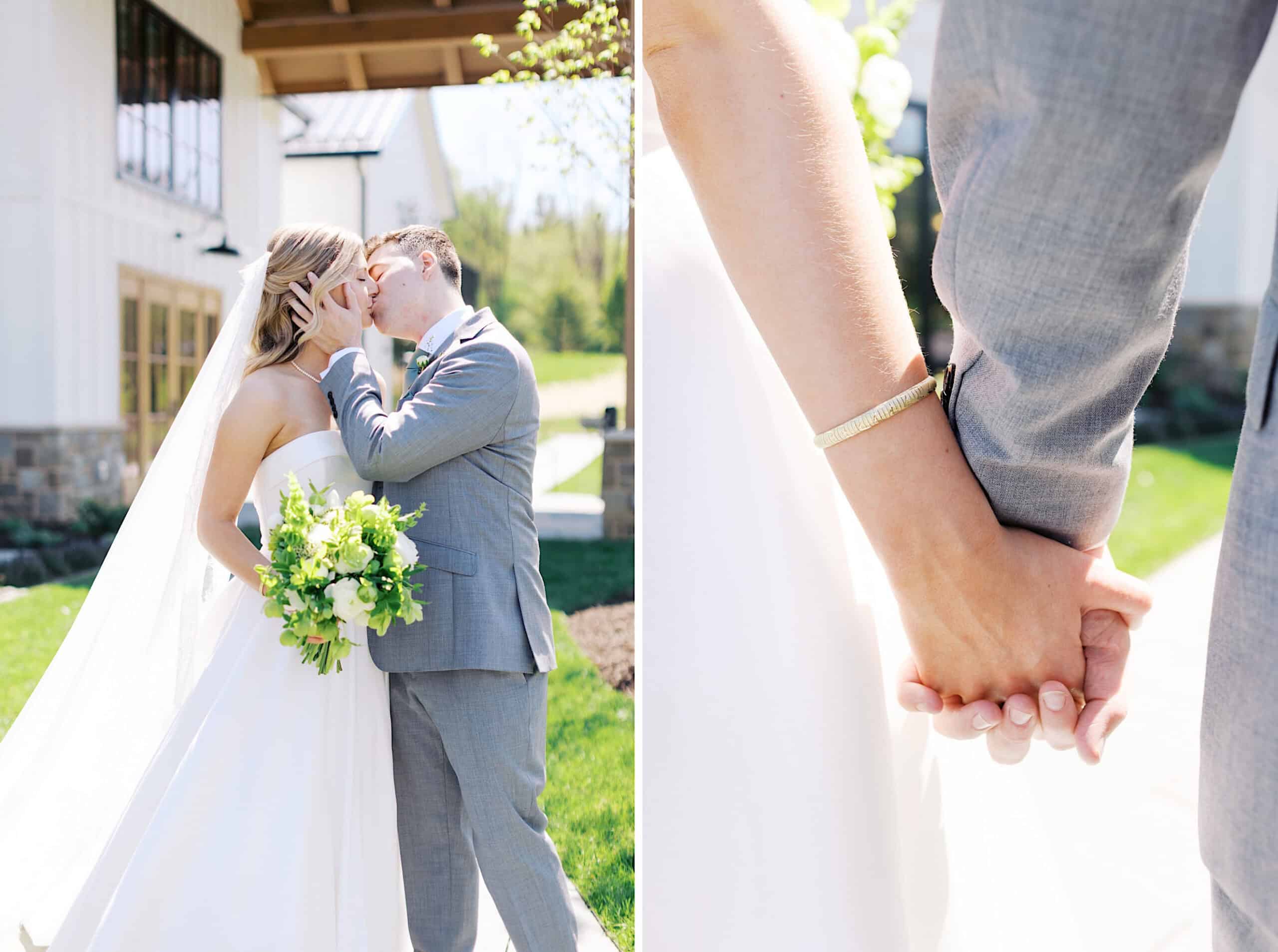 A bride and groom in wedding attire kiss outdoors during their Westwynd Gardens Spring Wedding; a close-up shows them holding hands, with the bride holding a bouquet of green and white flowers.