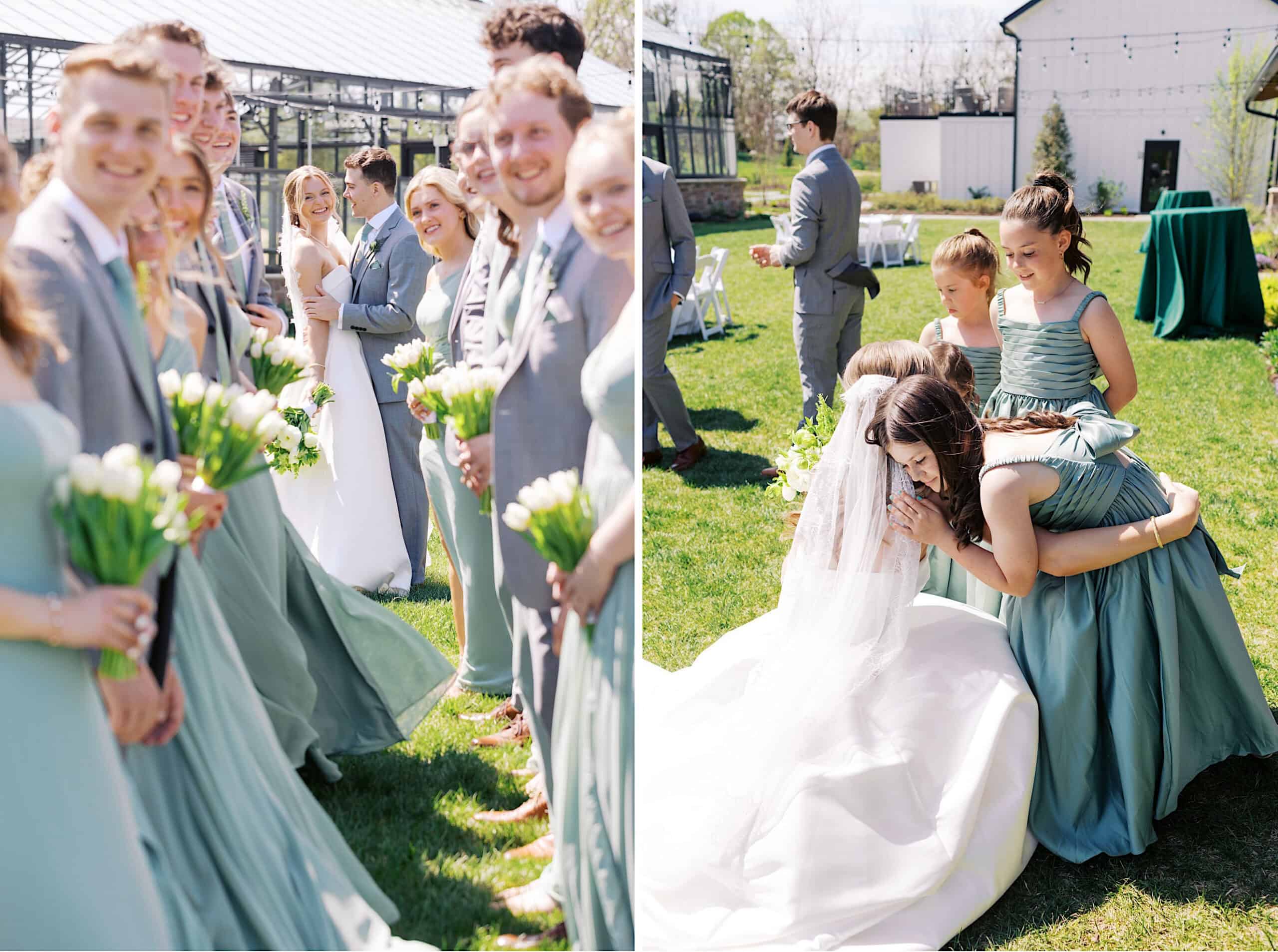 A wedding party at Westwynd Gardens poses outdoors in pastel green dresses and gray suits; the bride in a white gown lifts a girl in a green dress while another girl stands nearby during this lovely spring wedding.