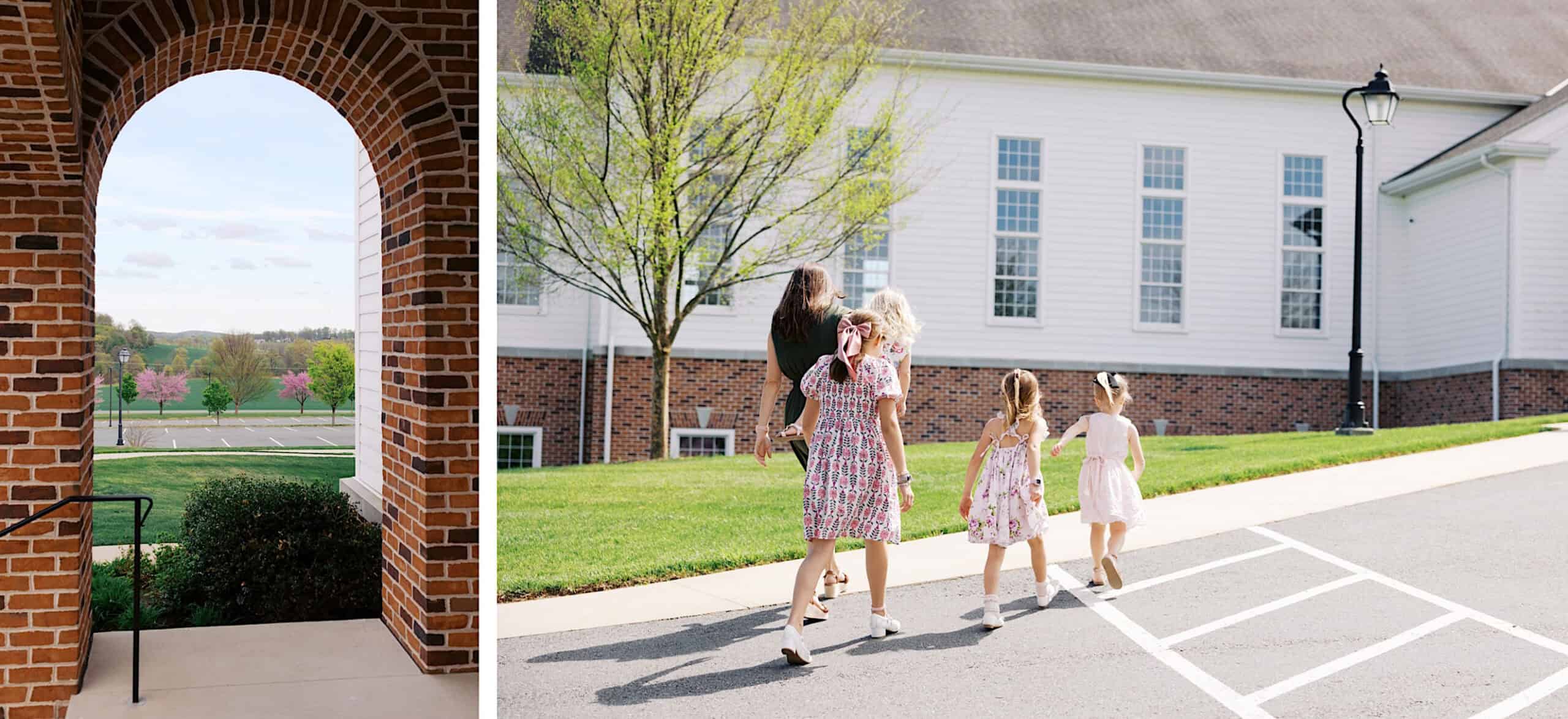 Left: View through a brick archway overlooking a parking lot and landscape at Westwynd Gardens. Right: Four girls and a woman, perhaps guests at a Spring wedding, walk uphill on a sidewalk beside a large white building.