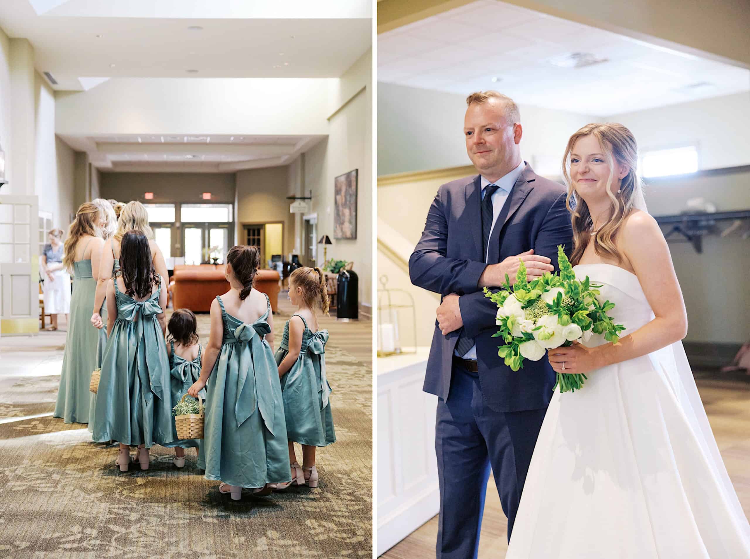 Left: A group of flower girls and bridesmaids in blue dresses walk down a hallway. Right: At this Westwynd Gardens Spring Wedding, a bride holding a bouquet stands with a man in a suit, possibly preparing to walk down the aisle.