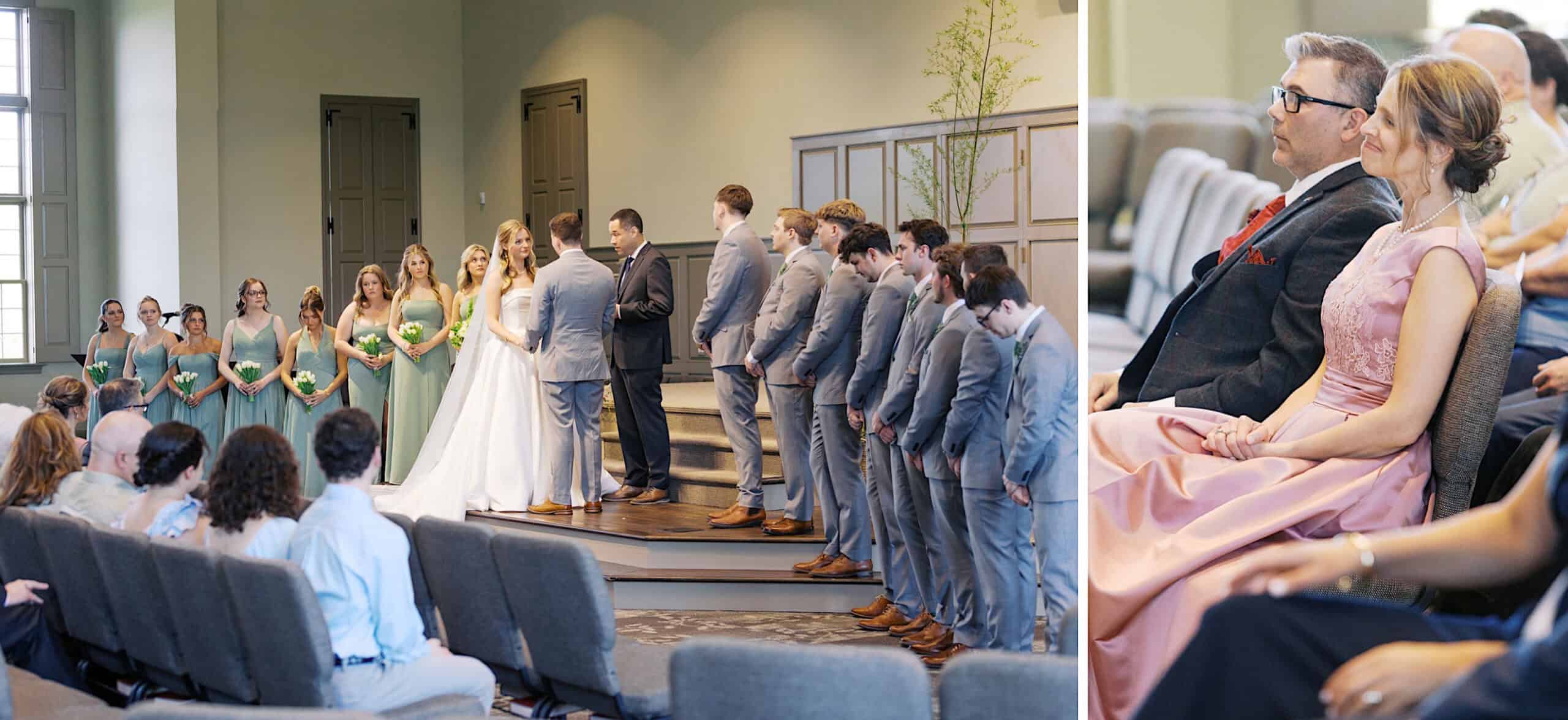 A Westwynd Gardens Spring Wedding with the bride, groom, officiant, bridesmaids in green dresses, and groomsmen in gray suits; guests seated and watching attentively.