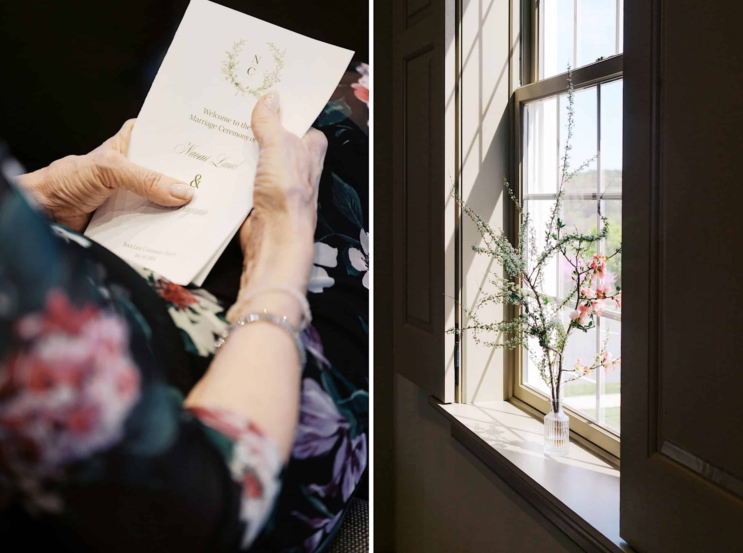 A person holding a wedding ceremony program by the window, with a small vase of branches and flowers on the sill, captures the elegance of a Westwynd Gardens Spring Wedding.