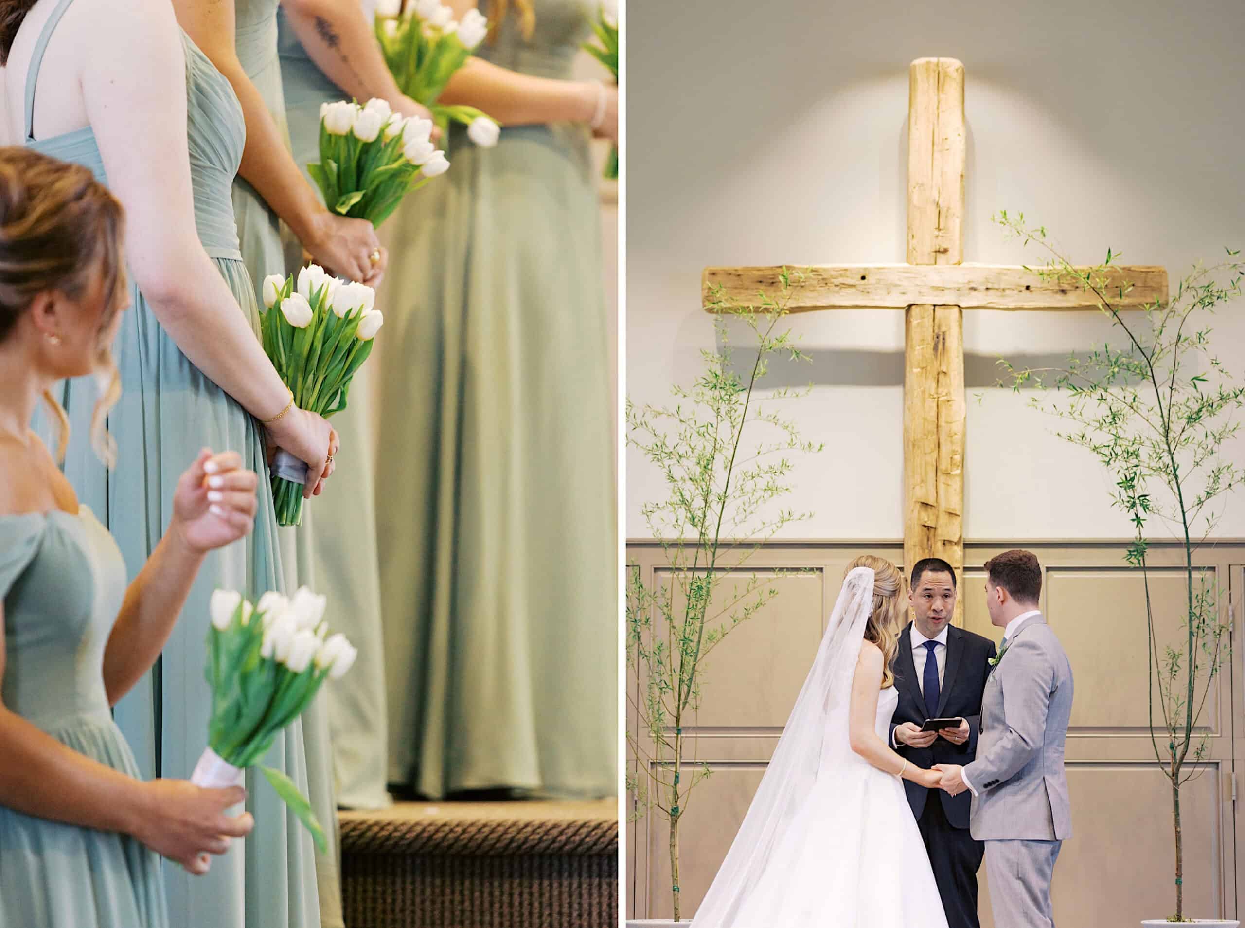Left: Bridesmaids in light green dresses hold white tulip bouquets. Right: Bride and groom stand with officiant before a wooden cross at their Westwynd Gardens Spring Wedding ceremony.