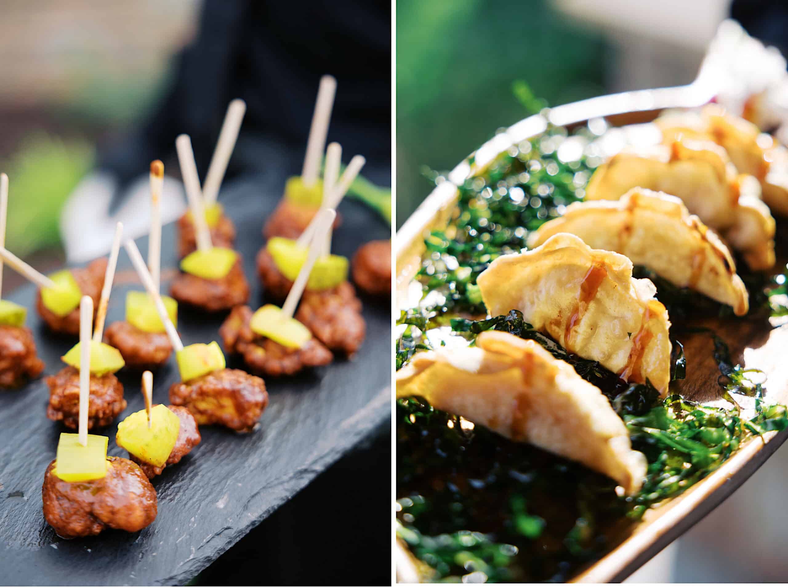 Two close-up images: on the left, skewered appetizers with meat and pickles on a slate tray; on the right, fried dumplings served on greens—perfect bites for a Westwynd Gardens Spring Wedding celebration.