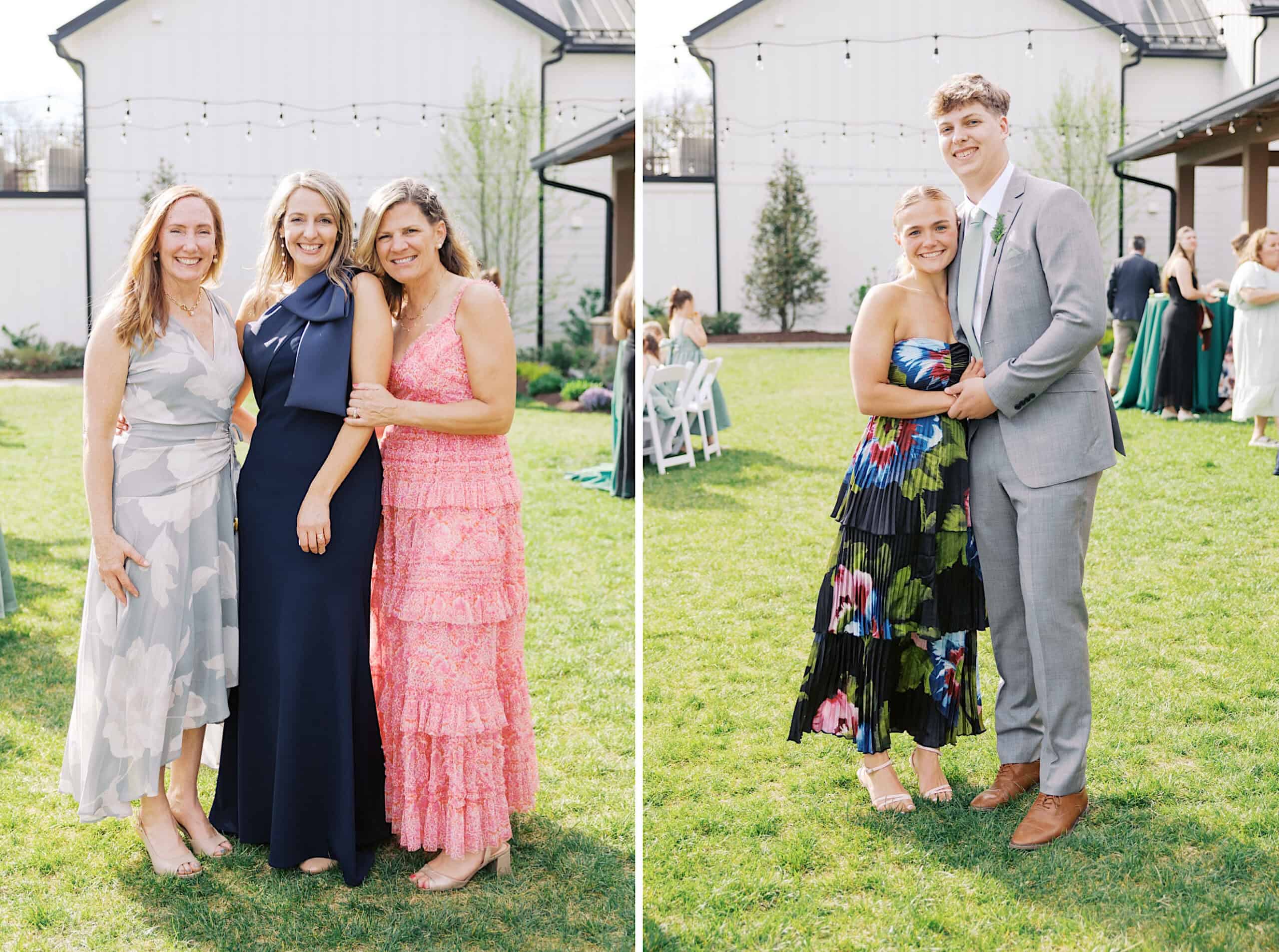 Two photos side by side: On the left, three women in formal dresses stand together outside; on the right, a woman and a man in formal attire pose on a lawn at a Westwynd Gardens Spring Wedding.