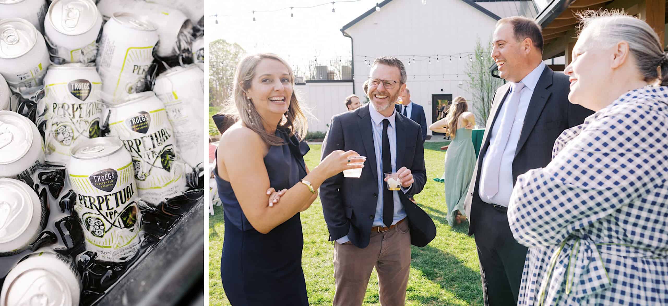 A group of four adults in formal attire chat and smile outdoors at a Westwynd Gardens Spring Wedding; on the left, cans of beer are chilling in a cooler filled with ice.