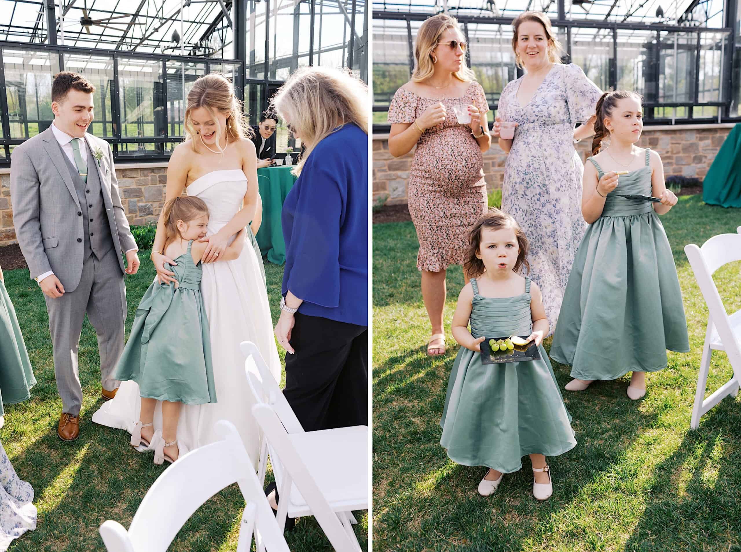 At a Westwynd Gardens Spring Wedding, a bride, groom, and guests interact with two young girls in green dresses at an outdoor event; the girls stand together in both images.