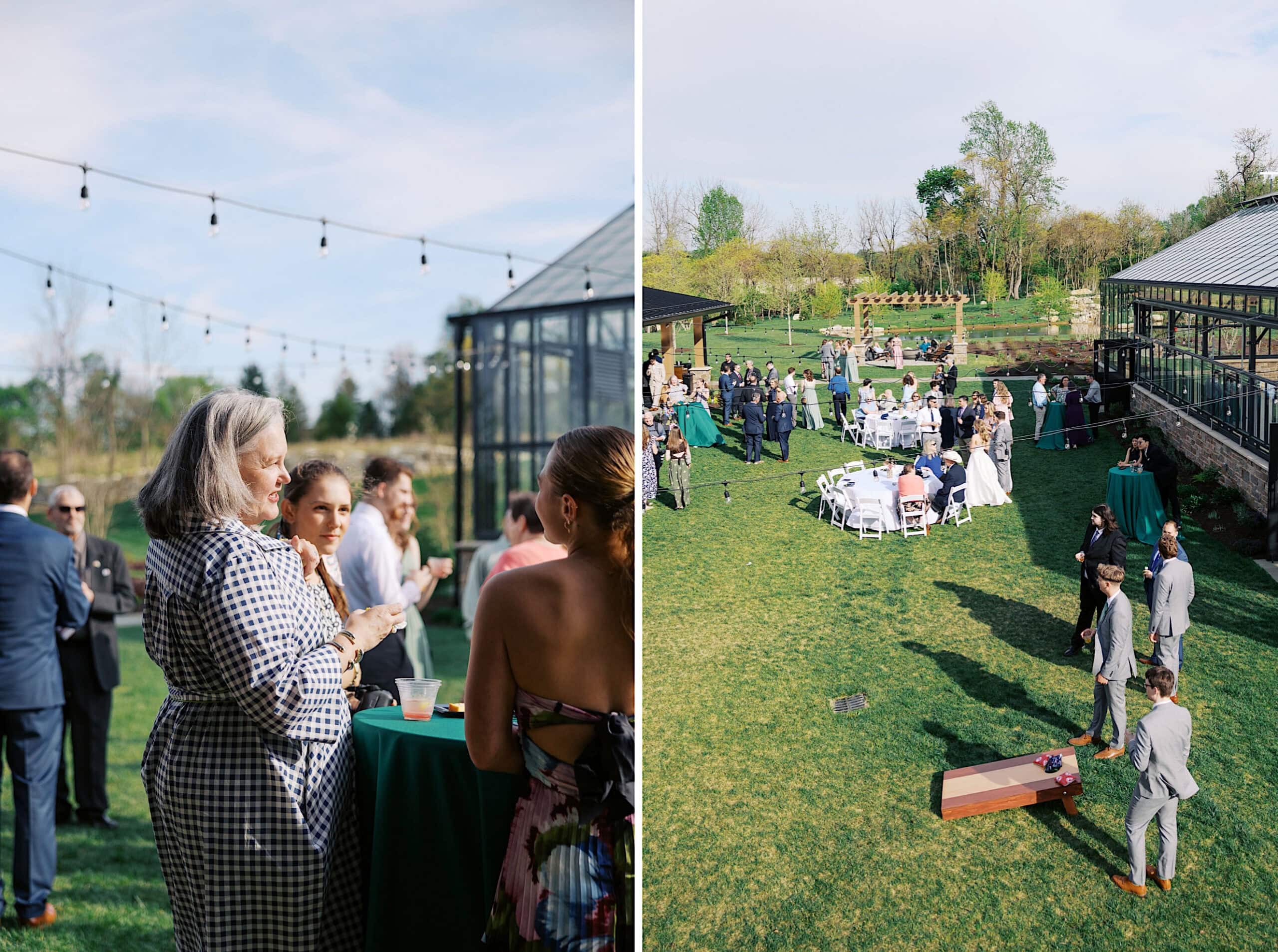 Two photos show people socializing outdoors at a formal event, with green lawns, round tables, string lights, and a cornhole game in a garden-like setting next to glass buildings during a Westwynd Gardens Spring Wedding.