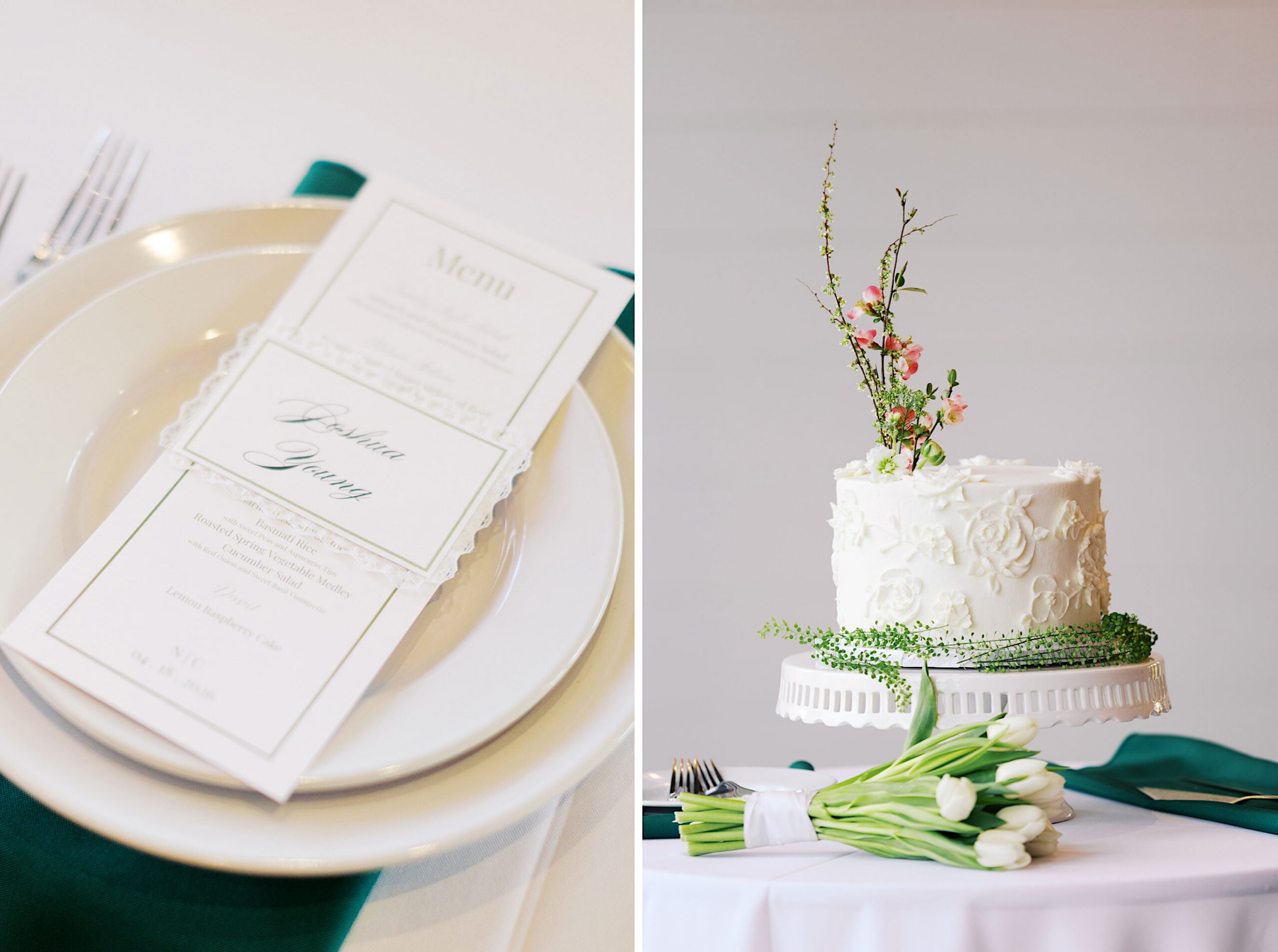 A white plate with a menu card rests on a green napkin; beside it, a white cake with floral decorations sits on a stand, with tulips arranged on the table.