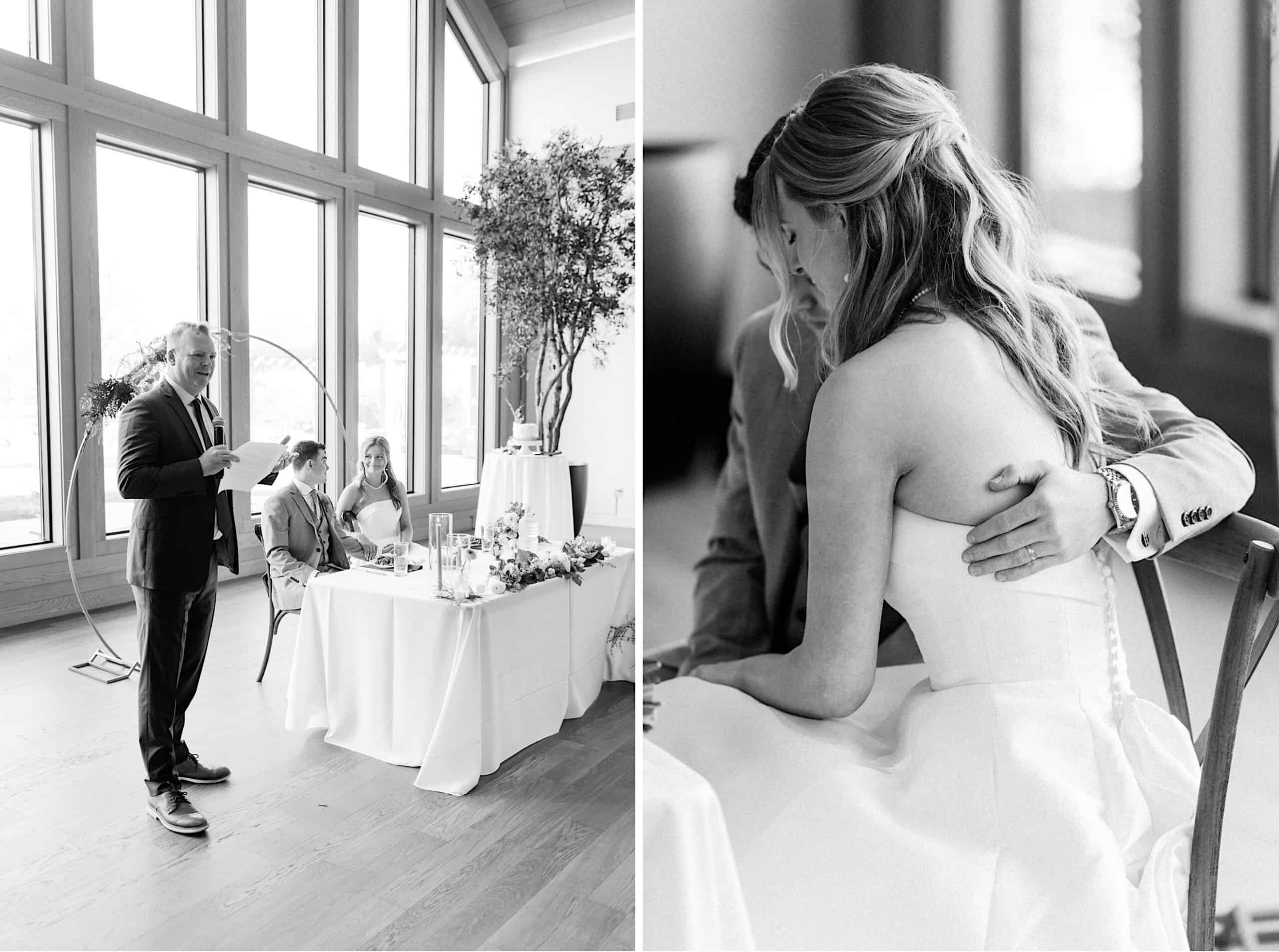 At a Westwynd Gardens Spring Wedding, a man stands and speaks at a table where a seated couple listens; another image shows the couple sitting closely, the man's arm around the woman.