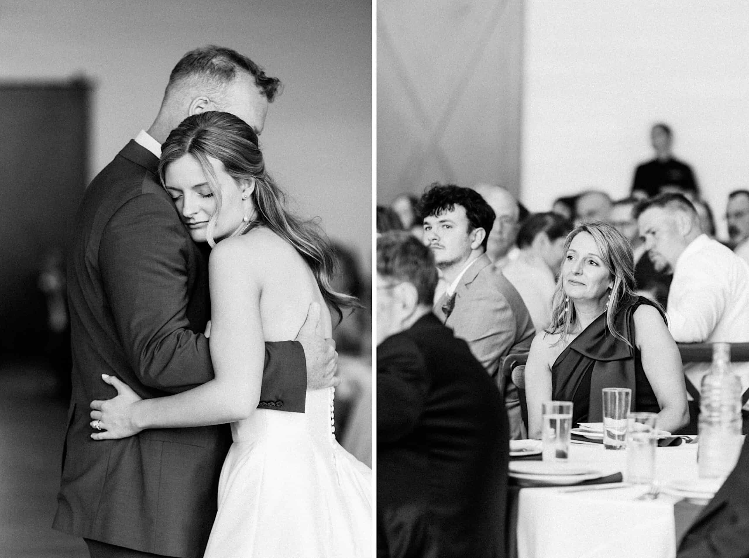 A bride and an older man share an embrace on the dance floor as guests look on, capturing a heartfelt moment at a Westwynd Gardens Spring Wedding reception.