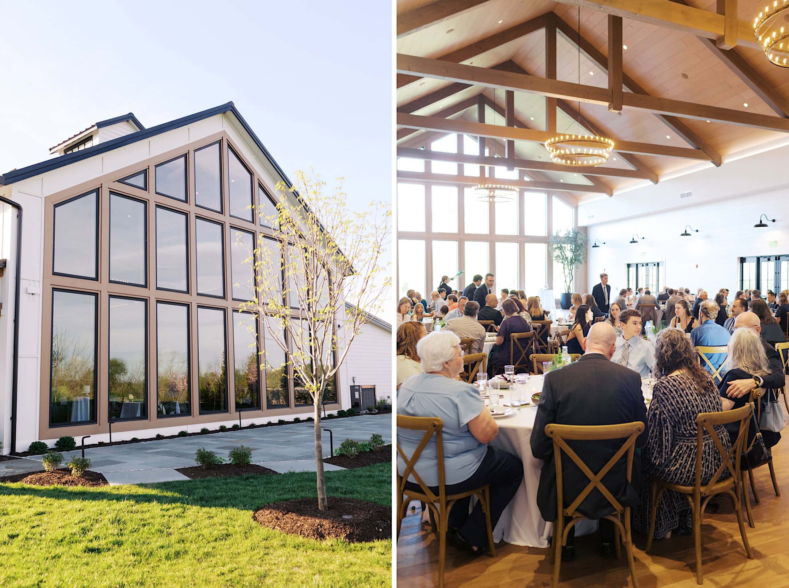 A modern building with large windows is shown from the outside; inside, guests gather for a Westwynd Gardens Spring Wedding in a spacious, wood-beamed hall at round tables, celebrating in style.