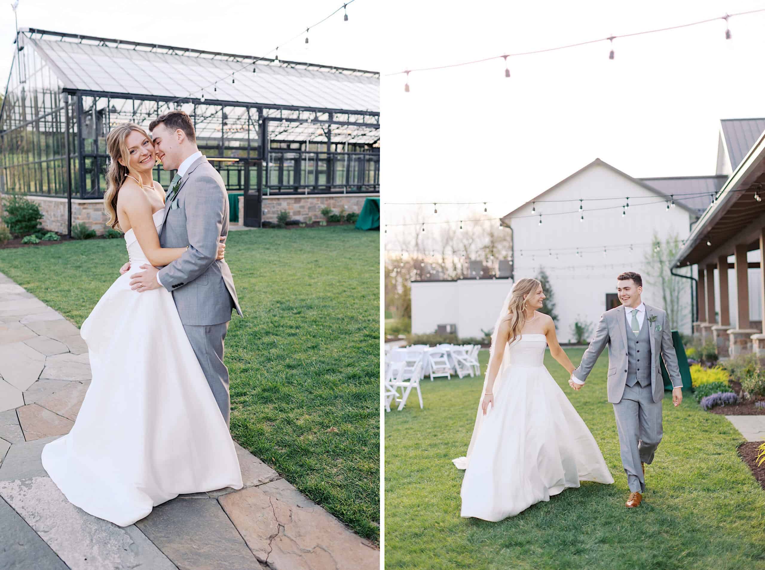 A bride in a white gown and a groom in a gray suit walk hand-in-hand outdoors at Westwynd Gardens, surrounded by string lights and a greenhouse—a perfect Spring Wedding setting.
