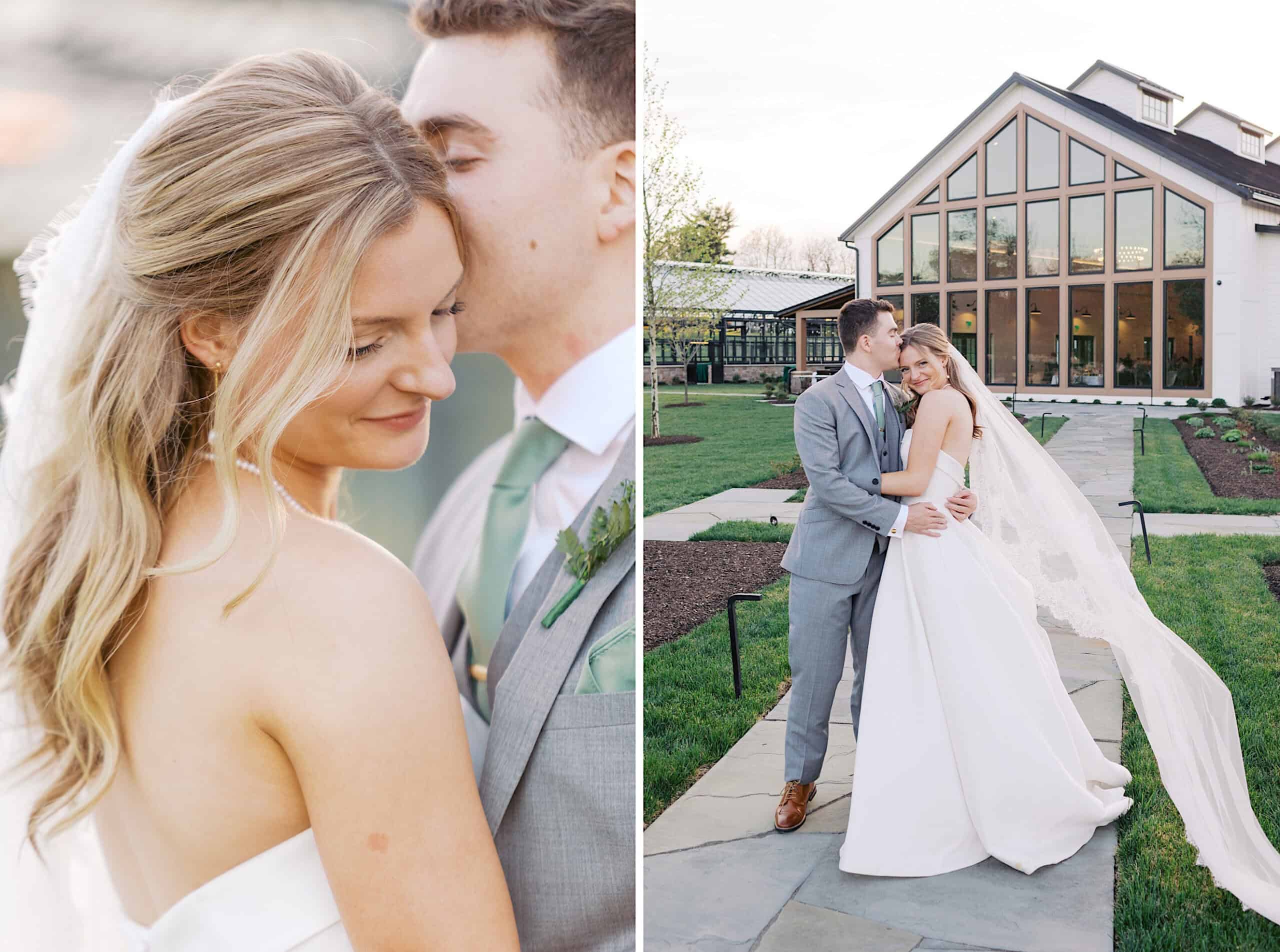 Bride and groom in wedding attire embrace outdoors at their Westwynd Gardens Spring Wedding; a modern building with large windows appears in the background.