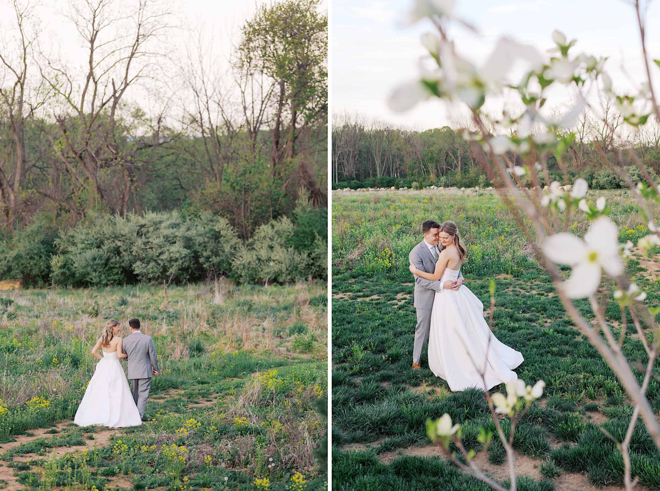 A bride and groom stand together in a grassy, open field surrounded by trees at their Westwynd Gardens Spring Wedding. One photo shows them walking away; the other captures them embracing, partially framed by flowering branches.