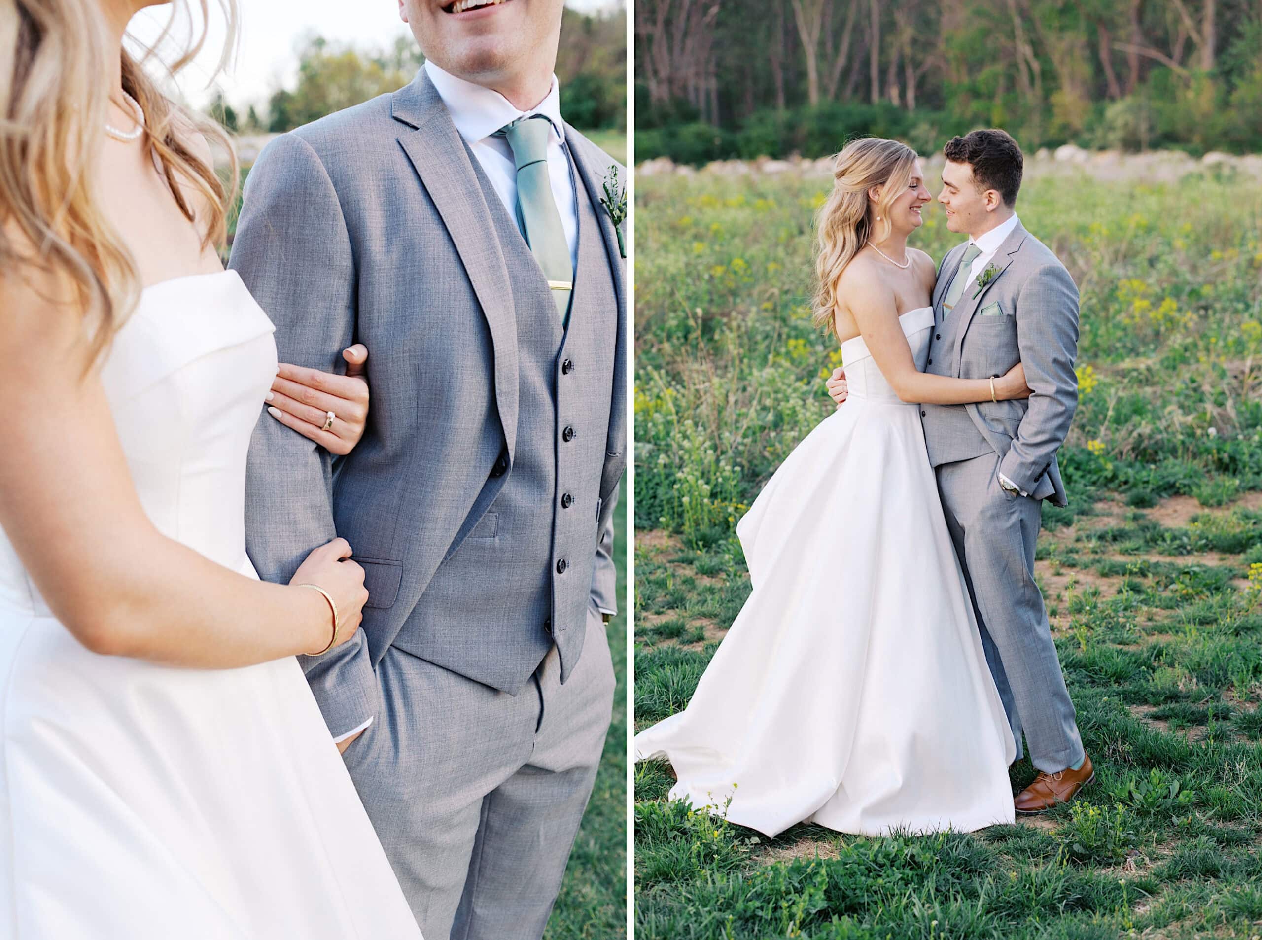 A bride in a white strapless gown and a groom in a light grey suit stand together outdoors, smiling and embracing in a grassy field during their Westwynd Gardens Spring Wedding.