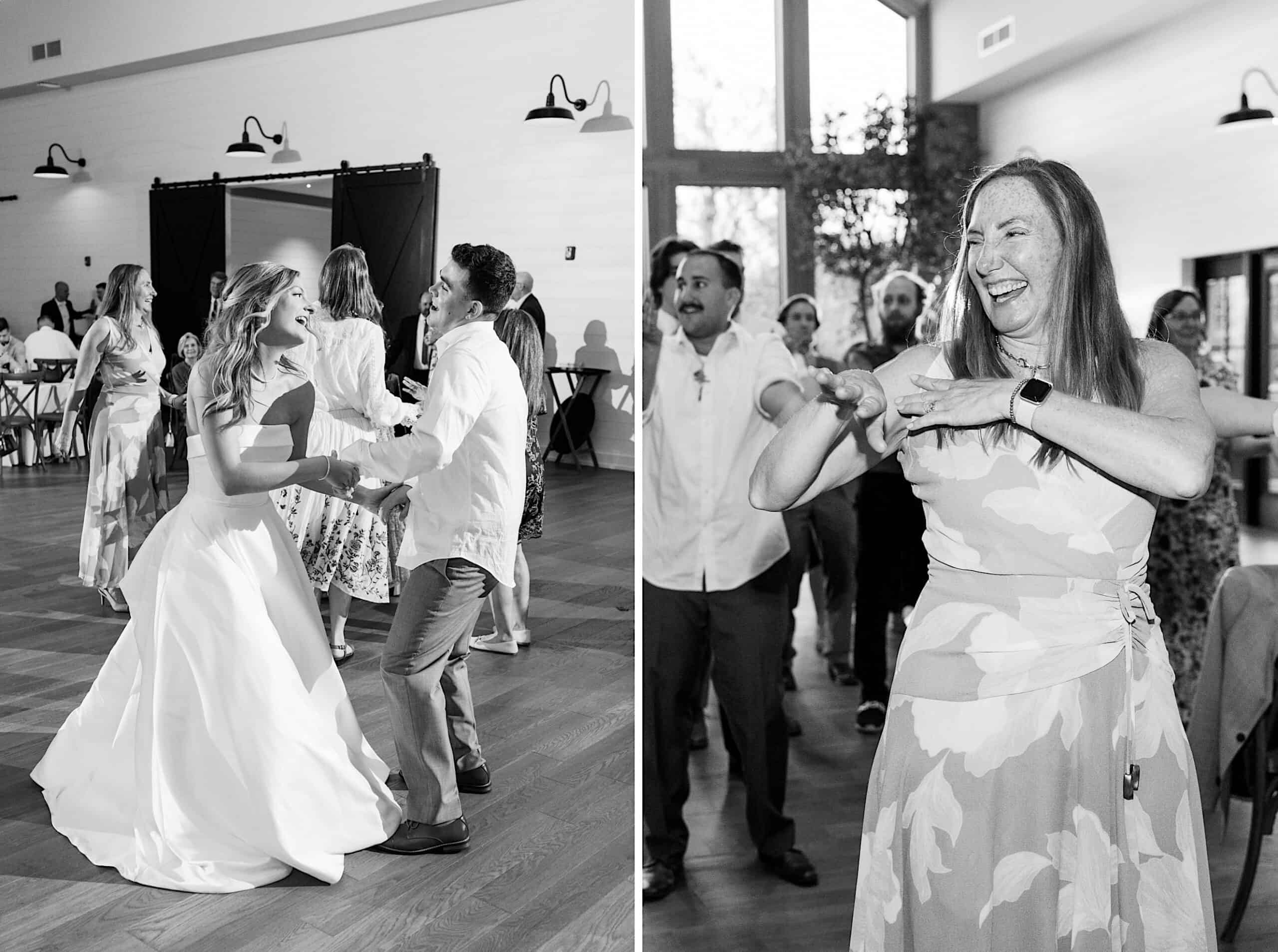Two side-by-side photos capture joyful moments at a Westwynd Gardens Spring Wedding: on the left, a bride and guest dance, while on the right, a woman leads a lively group in dance indoors.