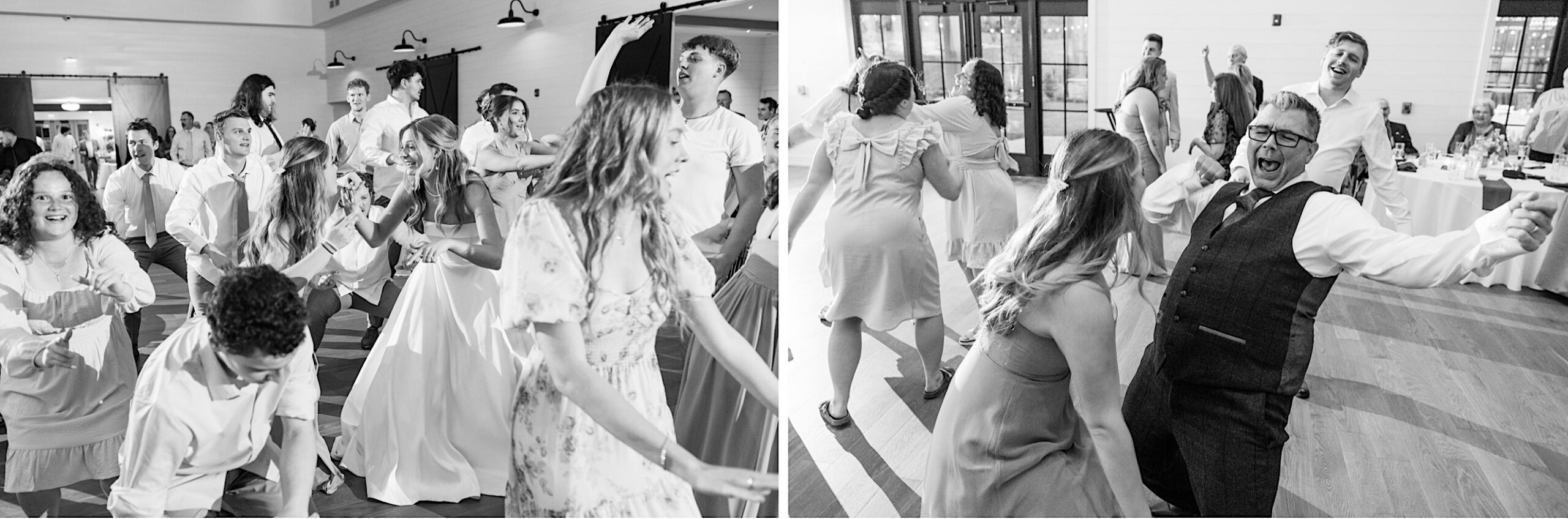 Two black-and-white photos capture guests dancing energetically at a joyful Westwynd Gardens Spring Wedding, with smiles and laughter filling the celebration.