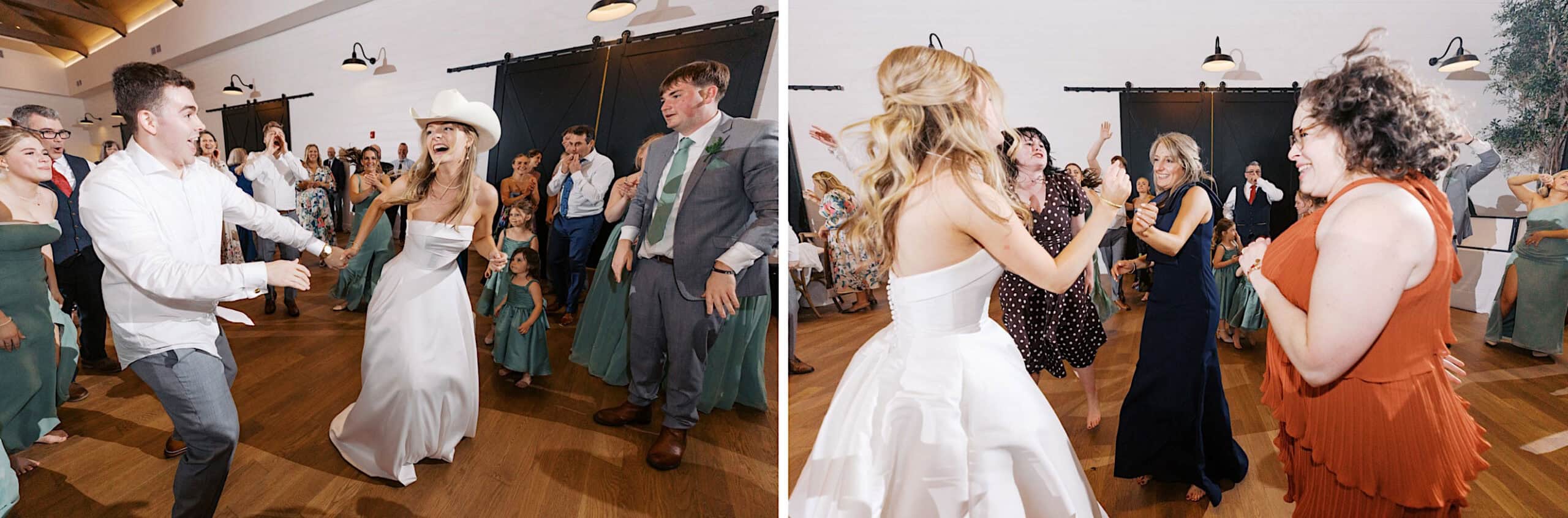 Guests in formal attire dance and celebrate at a Westwynd Gardens Spring Wedding, enjoying wooden floors and modern lighting. Elegant dresses and suits fill the room, while one woman stands out in a white dress and cowboy hat.