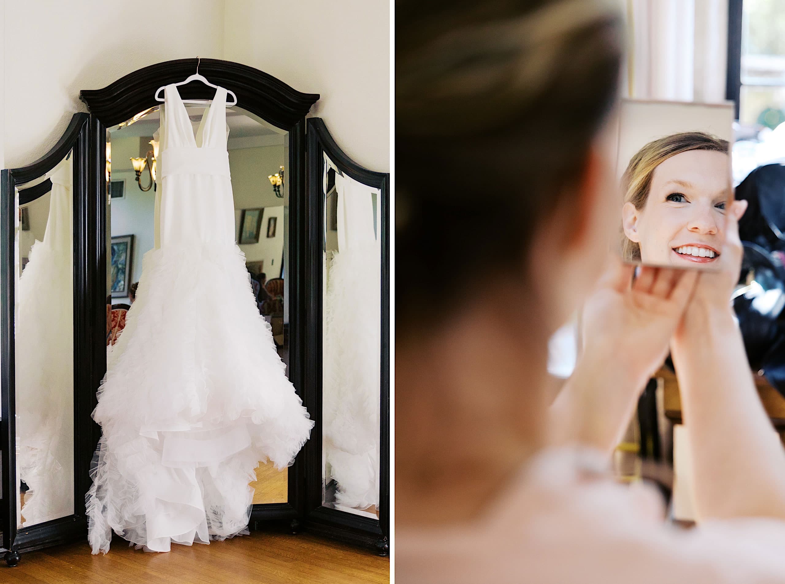 On the left, a white wedding dress hangs on a mirror, ready for the special day. On the right, a woman smiles while looking at her reflection in a small mirror, her excitement growing as she imagines walking down the aisle at her Parque Ridley Creek garden ceremony.