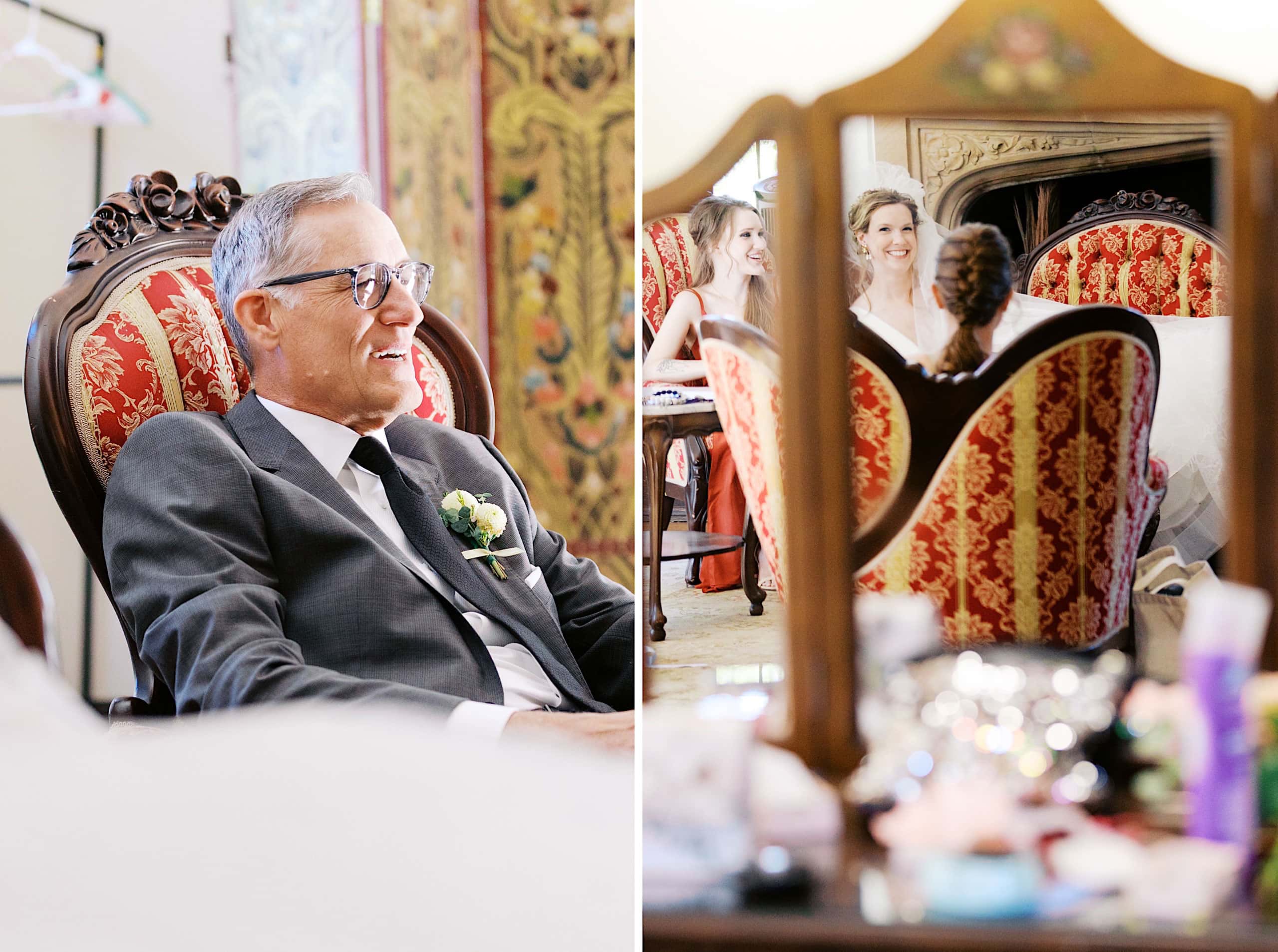 An older man in a suit sits in an ornate chair; a mirror reflects three women chatting in the background, evoking the timeless elegance of a Parque Ridley Creek garden ceremony.