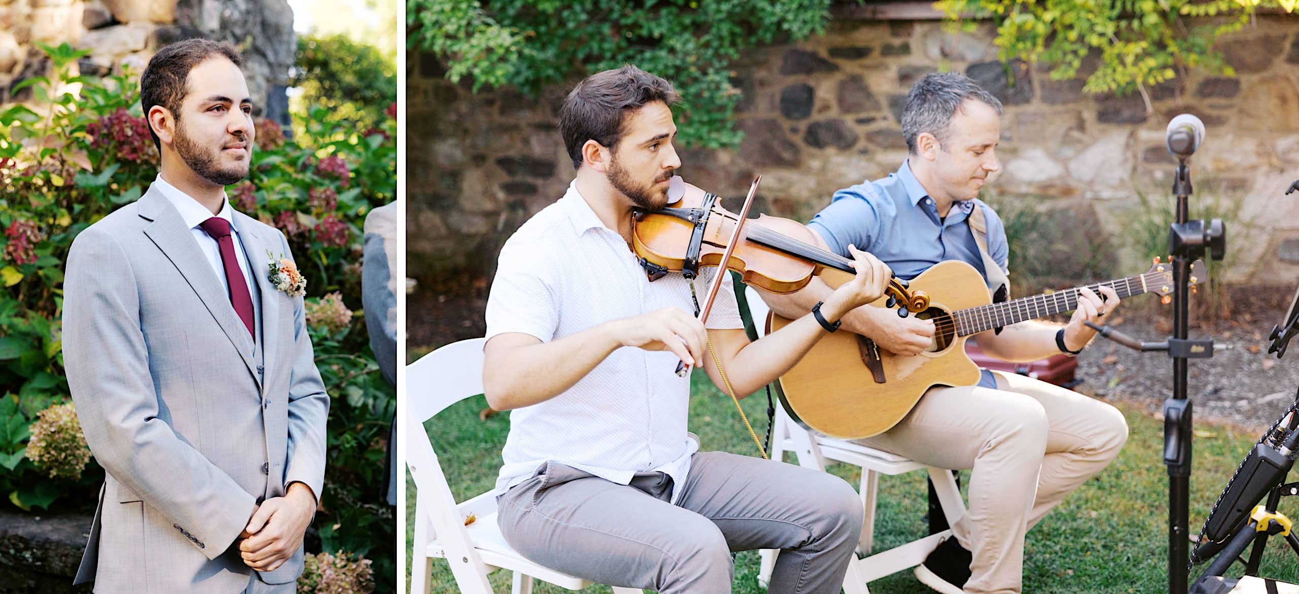 A man in a suit stands outdoors during a Parque Ridley Creek garden ceremony, while two men play a violin and a guitar seated on white chairs amidst the lush greenery.