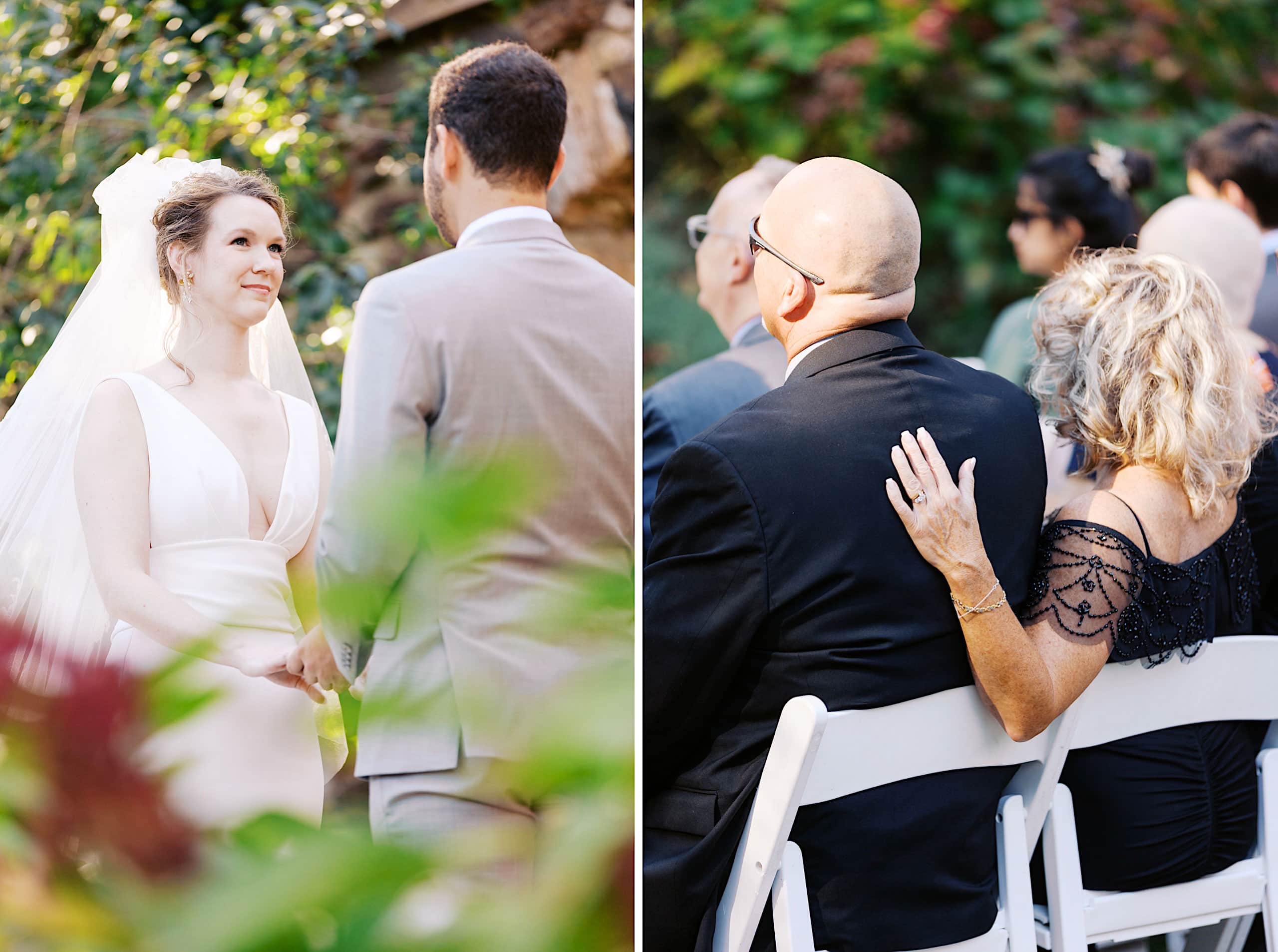 A bride and groom stand at the altar outdoors during a beautiful Parque Ridley Creek garden ceremony. In a separate view, seated guests watch the ceremony, with a woman resting her hand on the back of a man’s shoulder.
