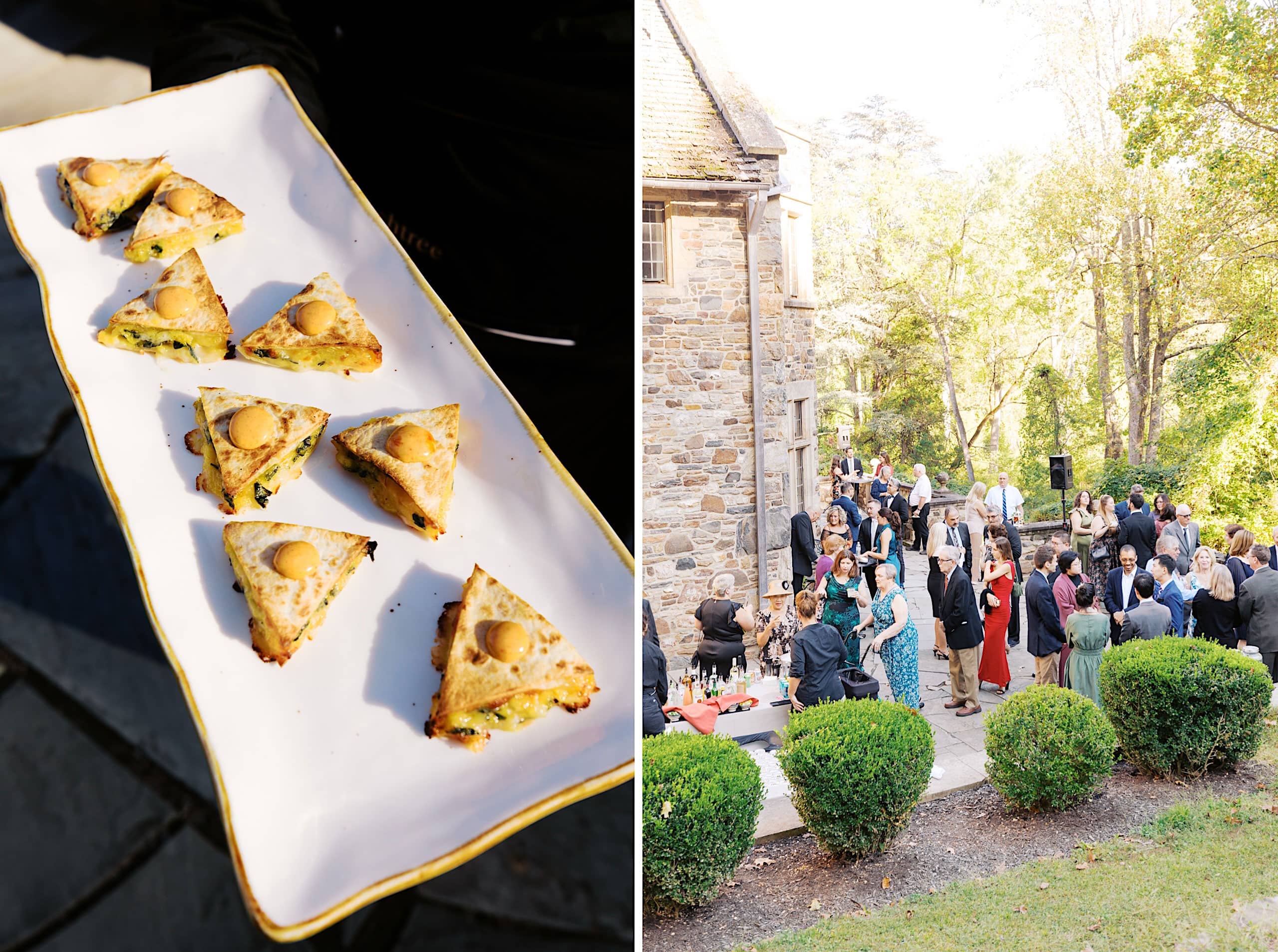 A platter of triangular pastries on the left; on the right, a group of people gather outside a stone building surrounded by greenery, reminiscent of a Parque Ridley Creek garden ceremony.