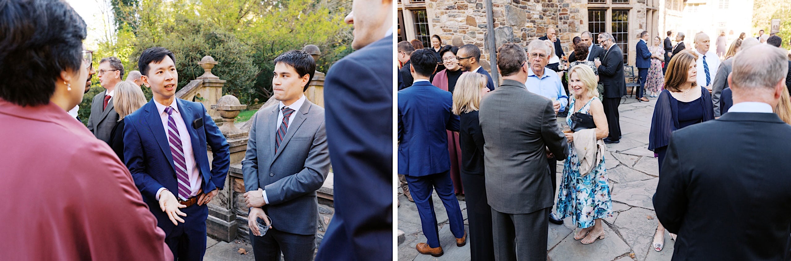 Two photos show people dressed in formal attire standing and conversing outdoors at a social gathering, surrounded by stone buildings and lush greenery, reminiscent of a Parque Ridley Creek garden ceremony.