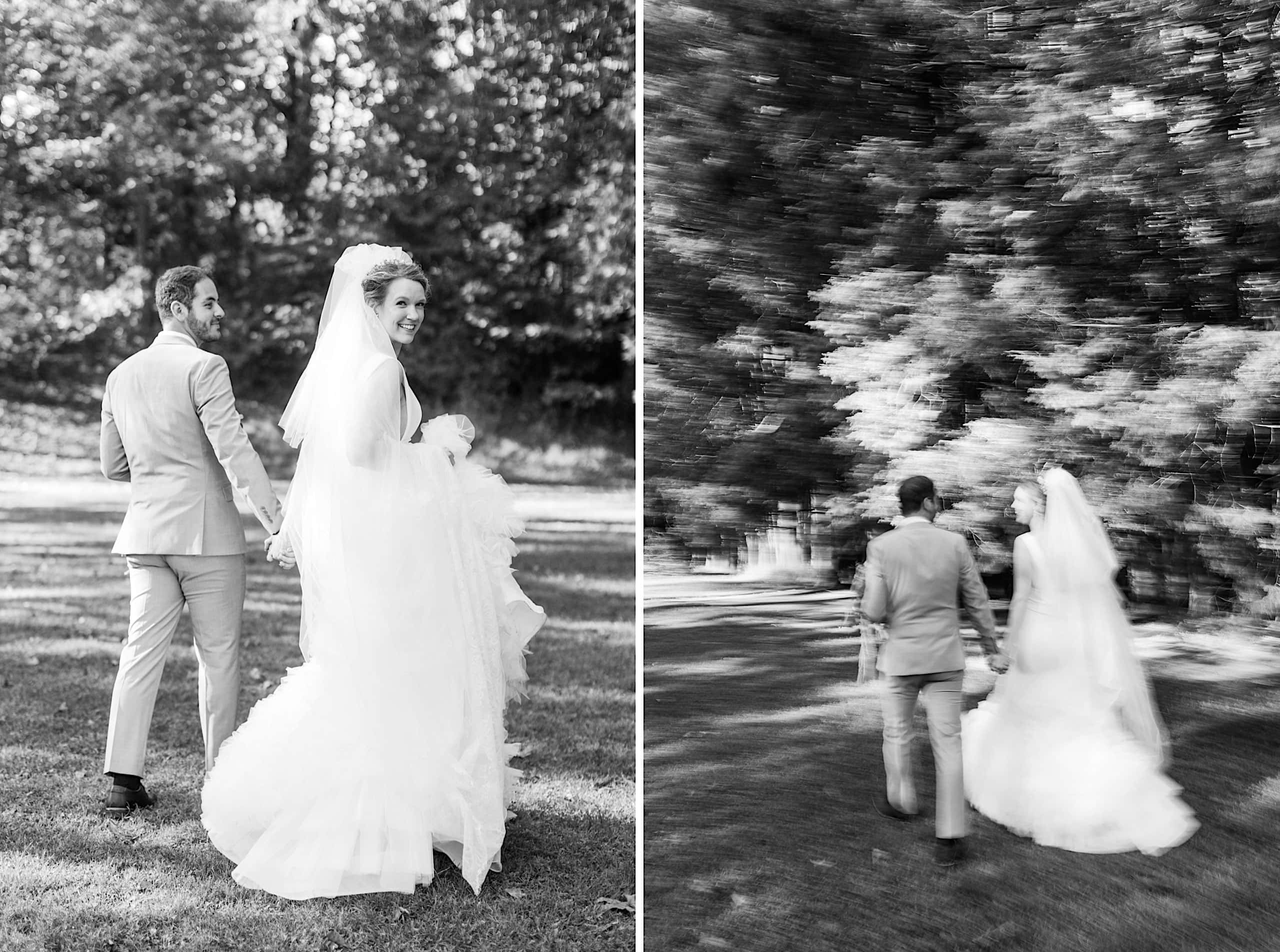 Two side-by-side black and white photos of a bride and groom walking outdoors in Parque Ridley Creek after their garden ceremony; one focused, one blurred as they walk away holding hands.