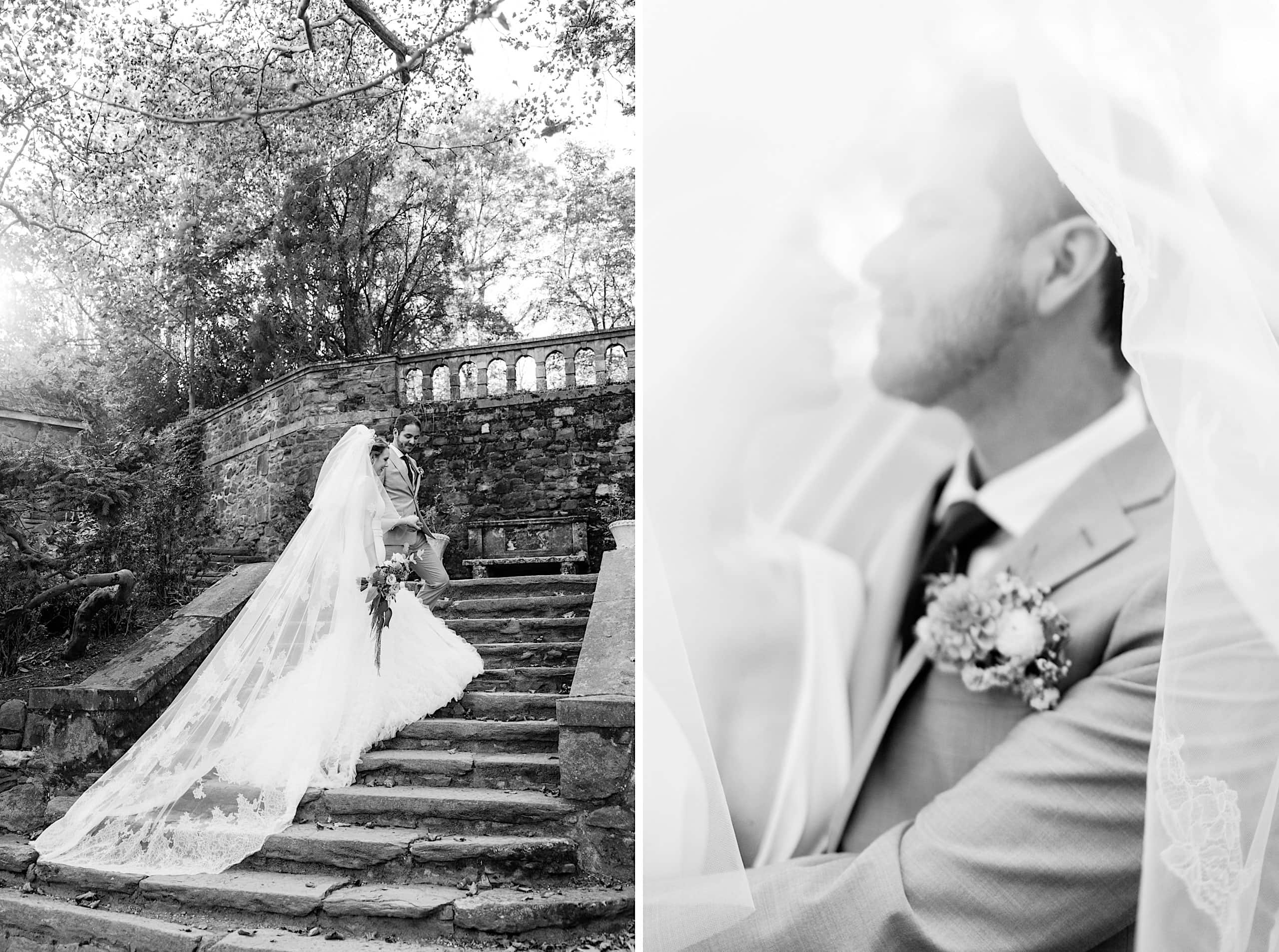 A bride and groom on the outdoor stone steps of Parque Ridley Creek, and a close-up of them under a veil; both photos are in black and white, capturing the elegance of their garden ceremony.