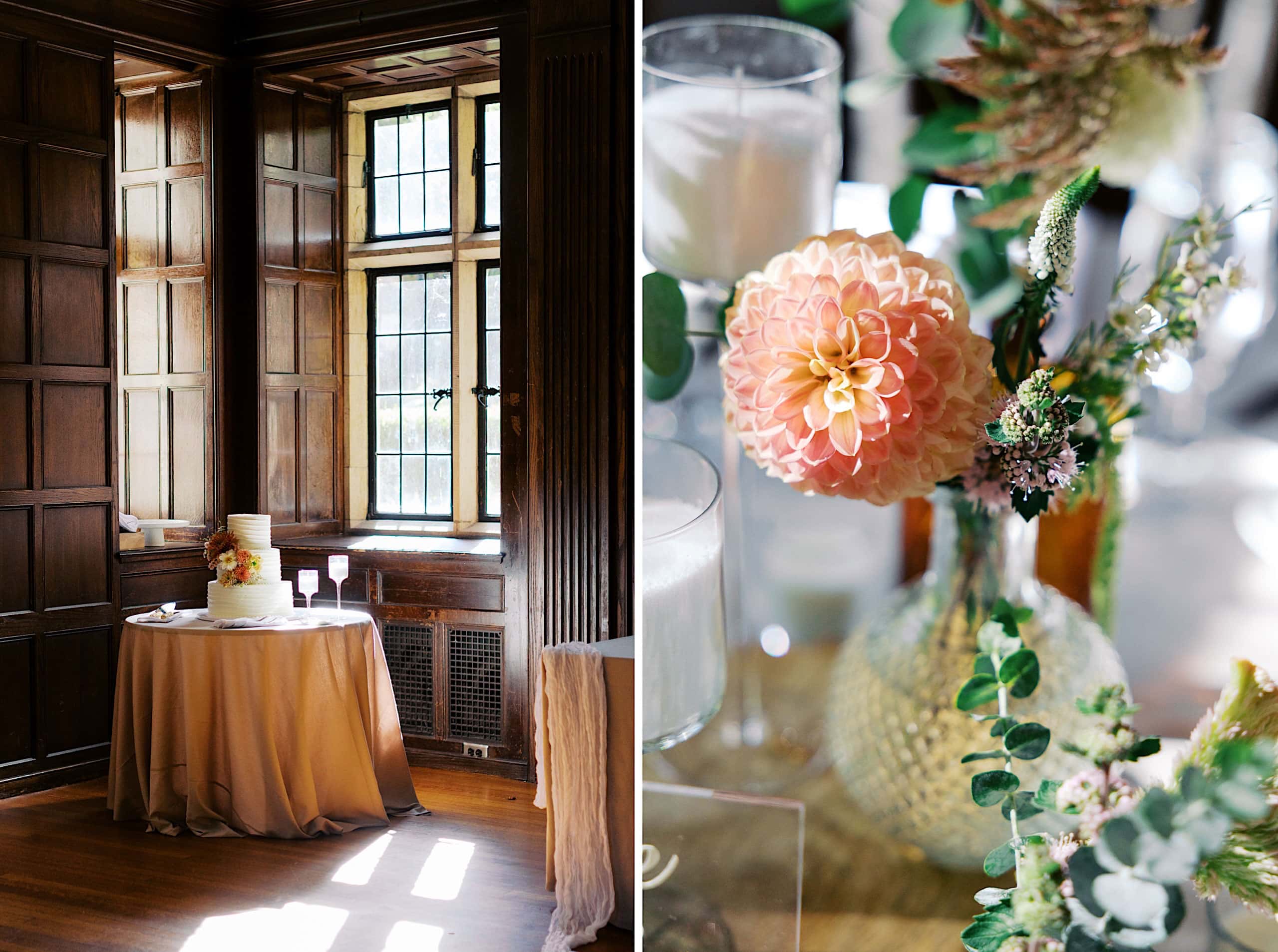 A round table with a wedding cake is set by tall windows, evoking the elegance of a Parque Ridley Creek garden ceremony; close-up of a pink dahlia in a glass vase rests beside lush greenery and softly glowing candles.