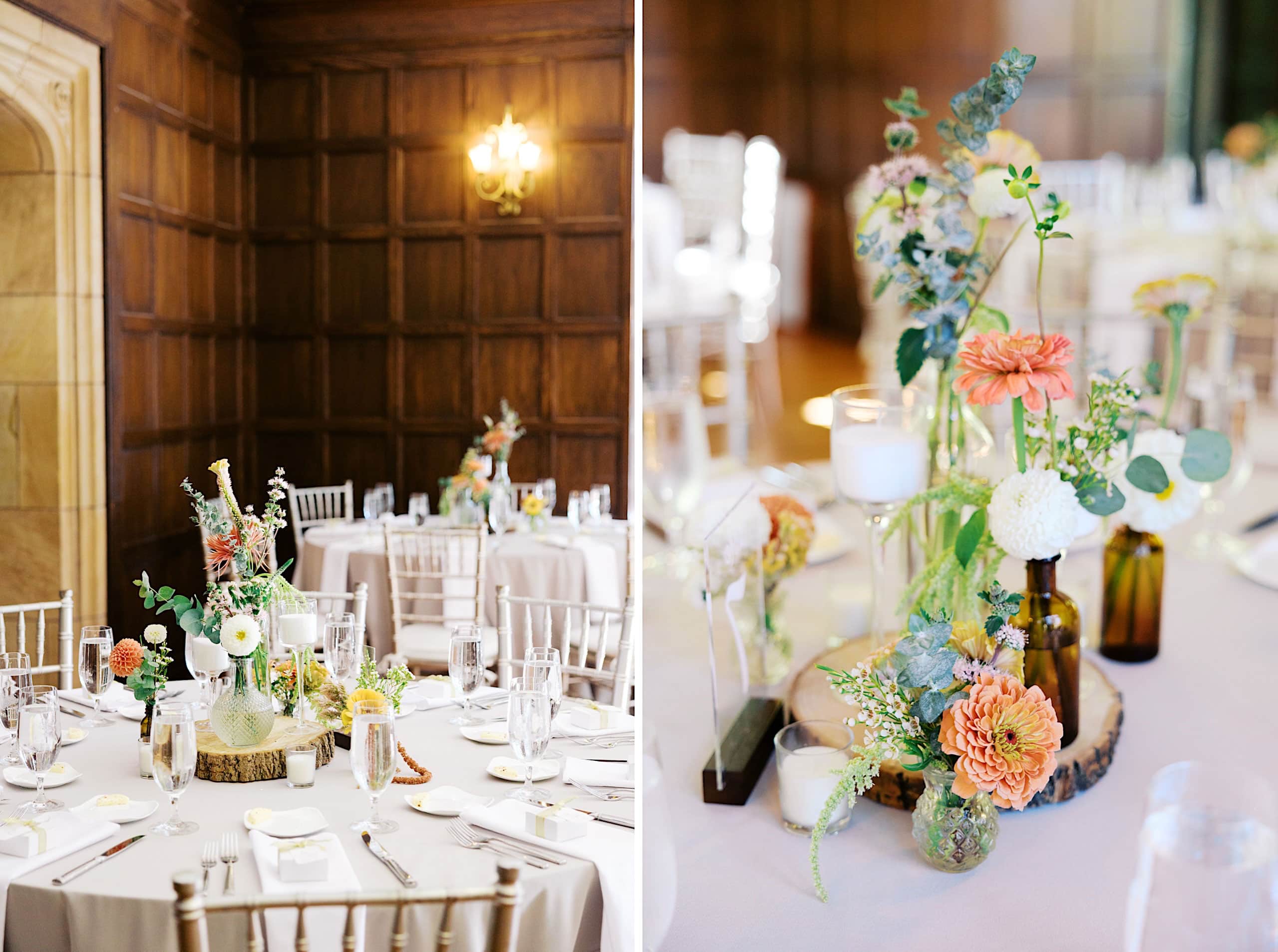 Round tables with white cloths, simple floral centerpieces, glassware, and wooden paneled walls in a softly lit dining room evoke the timeless elegance of a Parque Ridley Creek garden ceremony brought indoors.