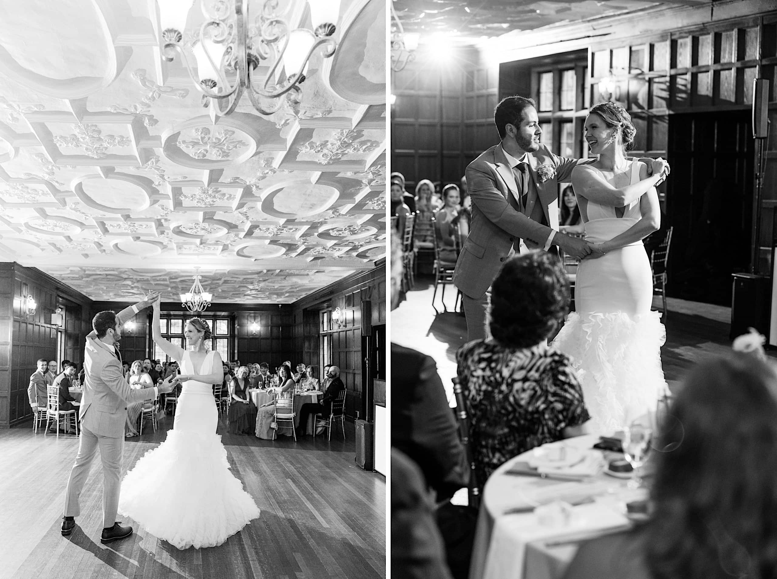 A bride and groom dance together in a formal, wood-paneled reception hall after their Parque Ridley Creek garden ceremony, while guests watch from their tables.